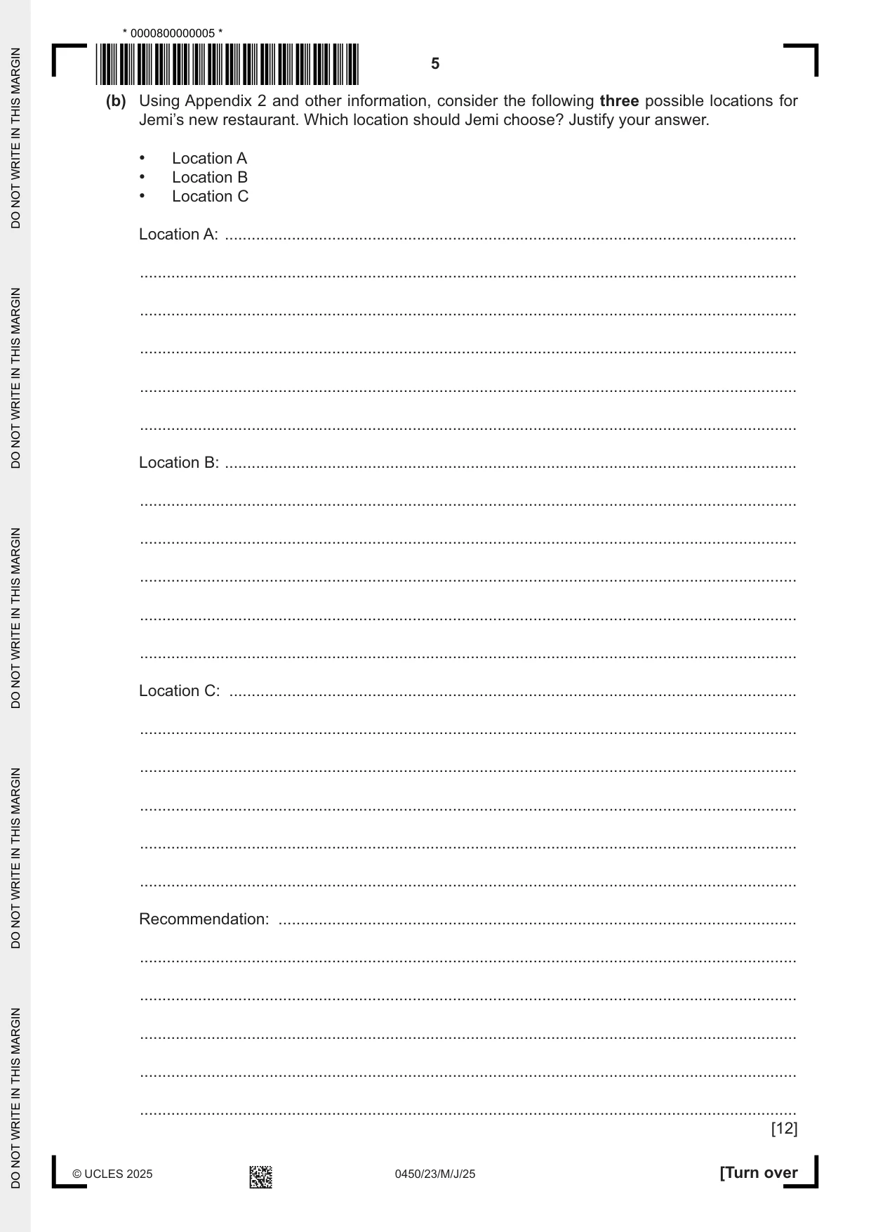 Cambridge IGCSE Business Studies 0450 2025 May/June Paper 2 · Variant 3 question paper, page 5 of 12