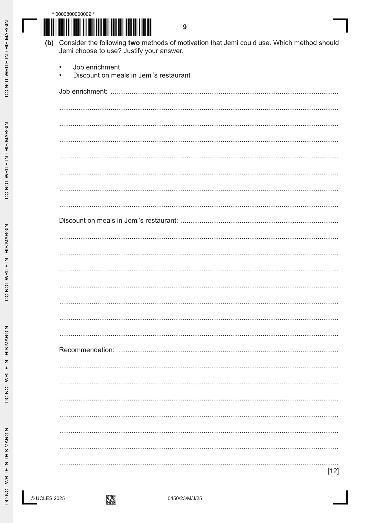 Cambridge IGCSE Business Studies 0450 2025 May/June Paper 2 · Variant 3 question paper, page 9 of 12