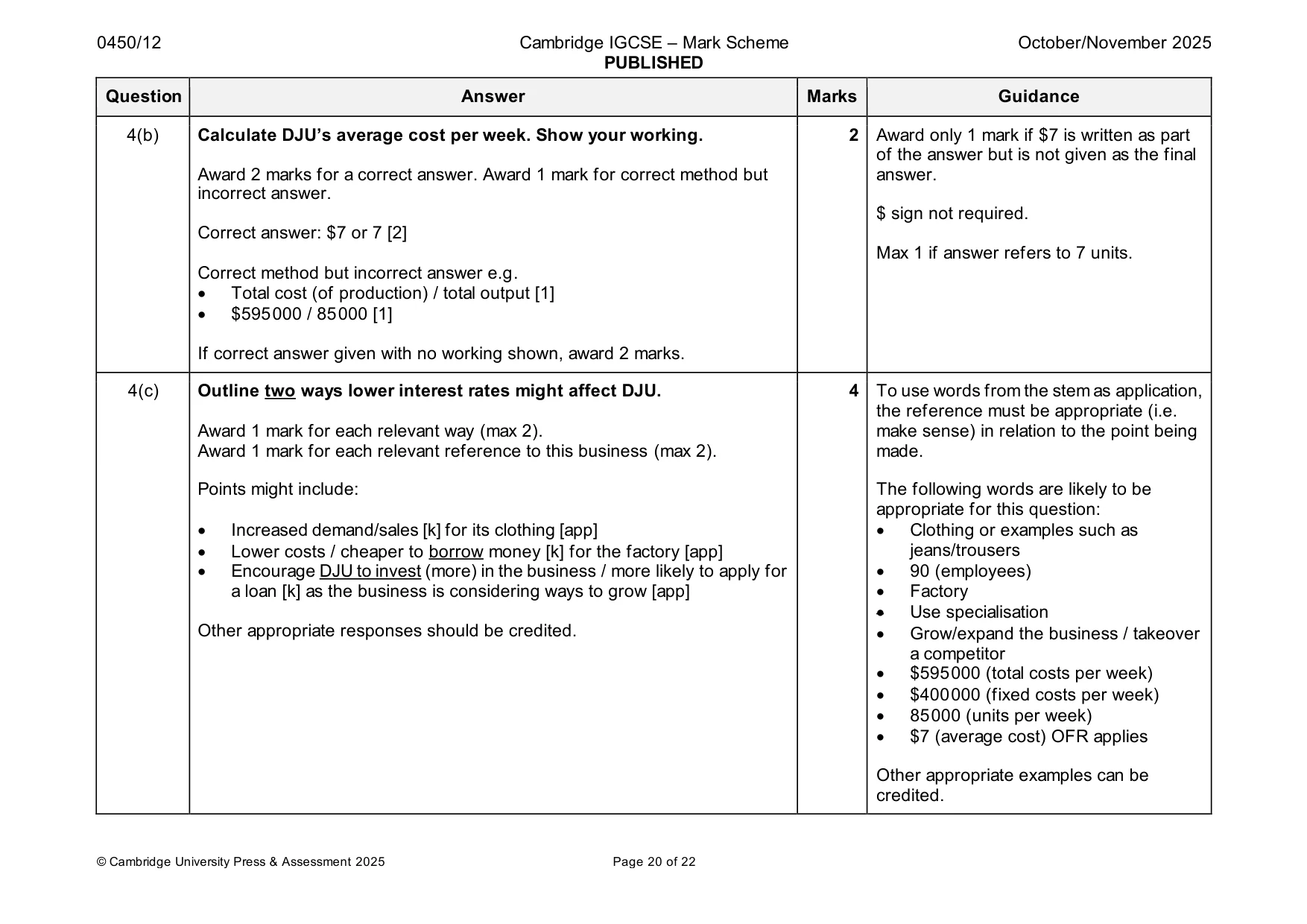 Mark scheme, page 20 of 22