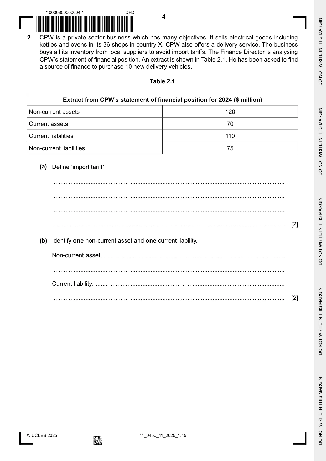 Cambridge IGCSE Business Studies 0450 2025 Oct/Nov Paper 1 · Variant 1 question paper, page 4 of 12