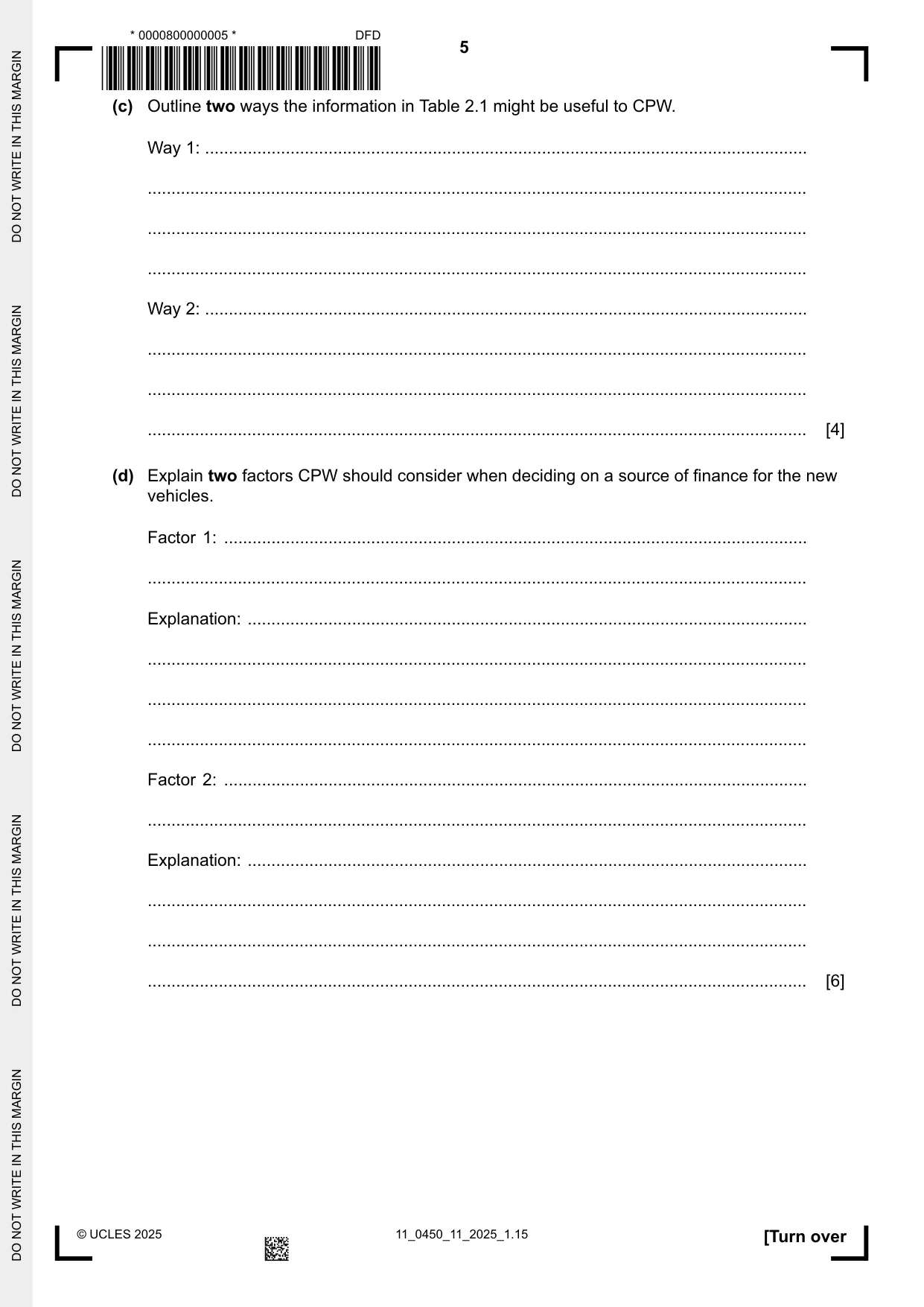 Cambridge IGCSE Business Studies 0450 2025 Oct/Nov Paper 1 · Variant 1 question paper, page 5 of 12