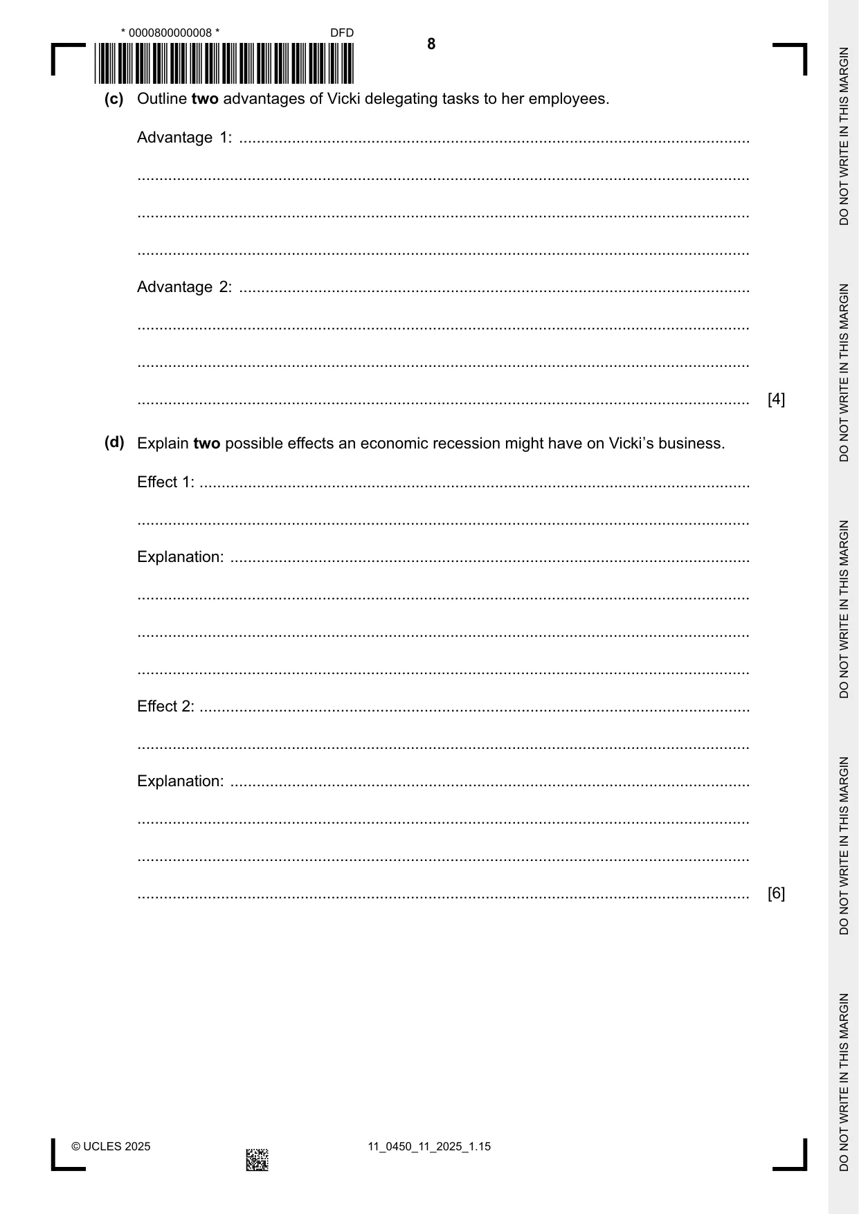 Cambridge IGCSE Business Studies 0450 2025 Oct/Nov Paper 1 · Variant 1 question paper, page 8 of 12