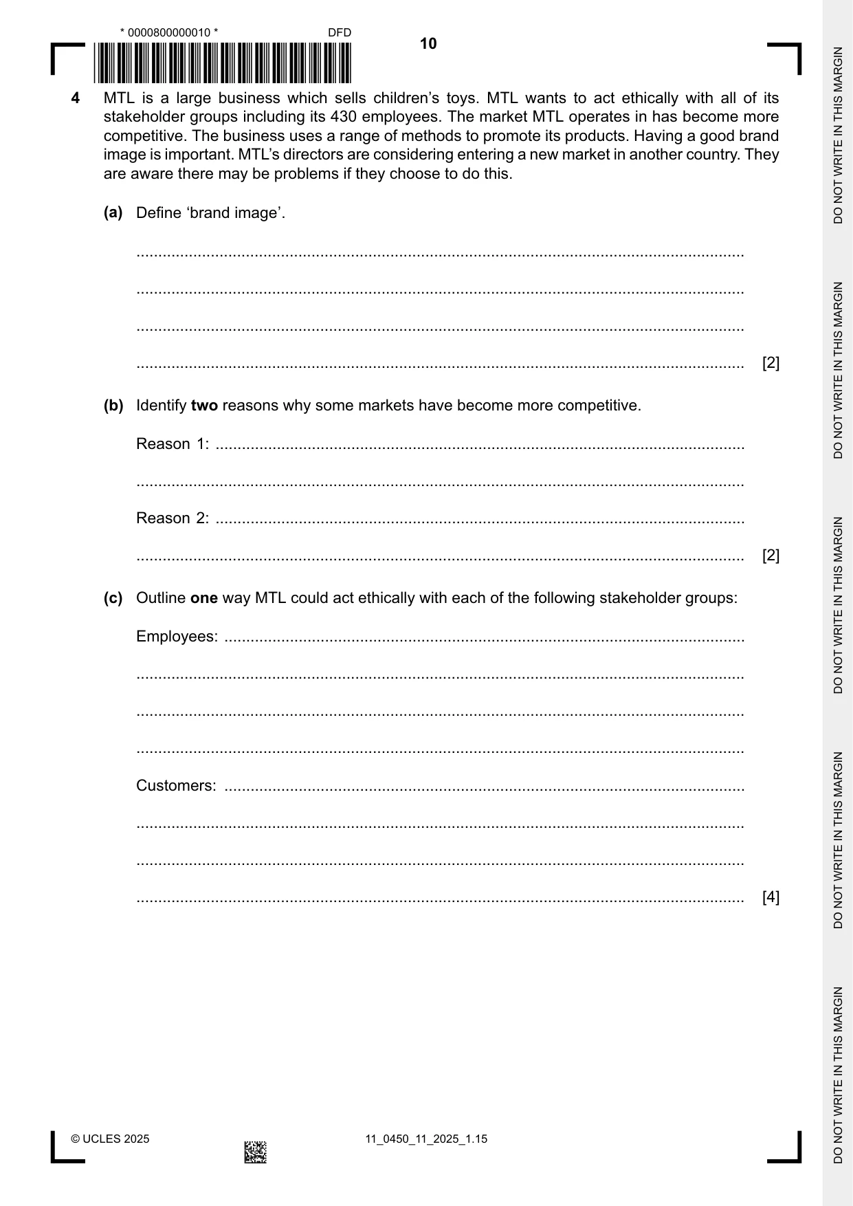 Cambridge IGCSE Business Studies 0450 2025 Oct/Nov Paper 1 · Variant 1 question paper, page 10 of 12
