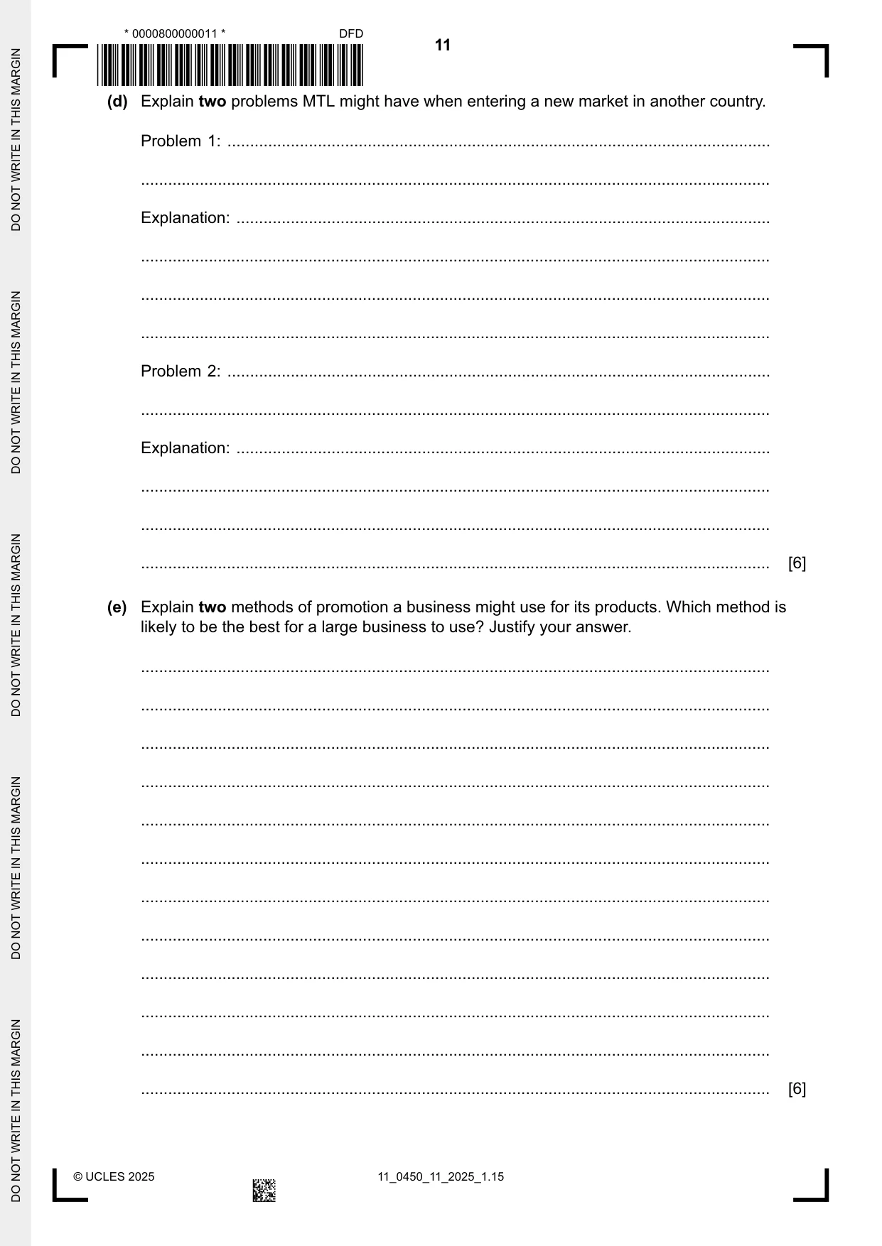 Cambridge IGCSE Business Studies 0450 2025 Oct/Nov Paper 1 · Variant 1 question paper, page 11 of 12
