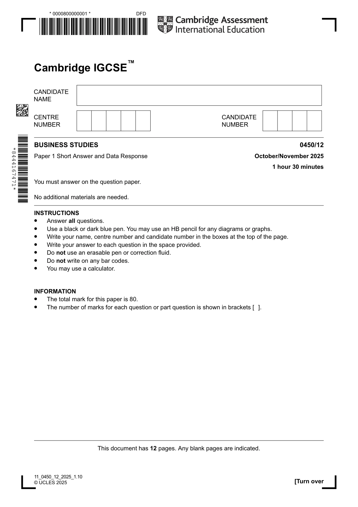 Cambridge IGCSE Business Studies 0450 2025 Oct/Nov Paper 1 · Variant 2 question paper, page 1 of 12