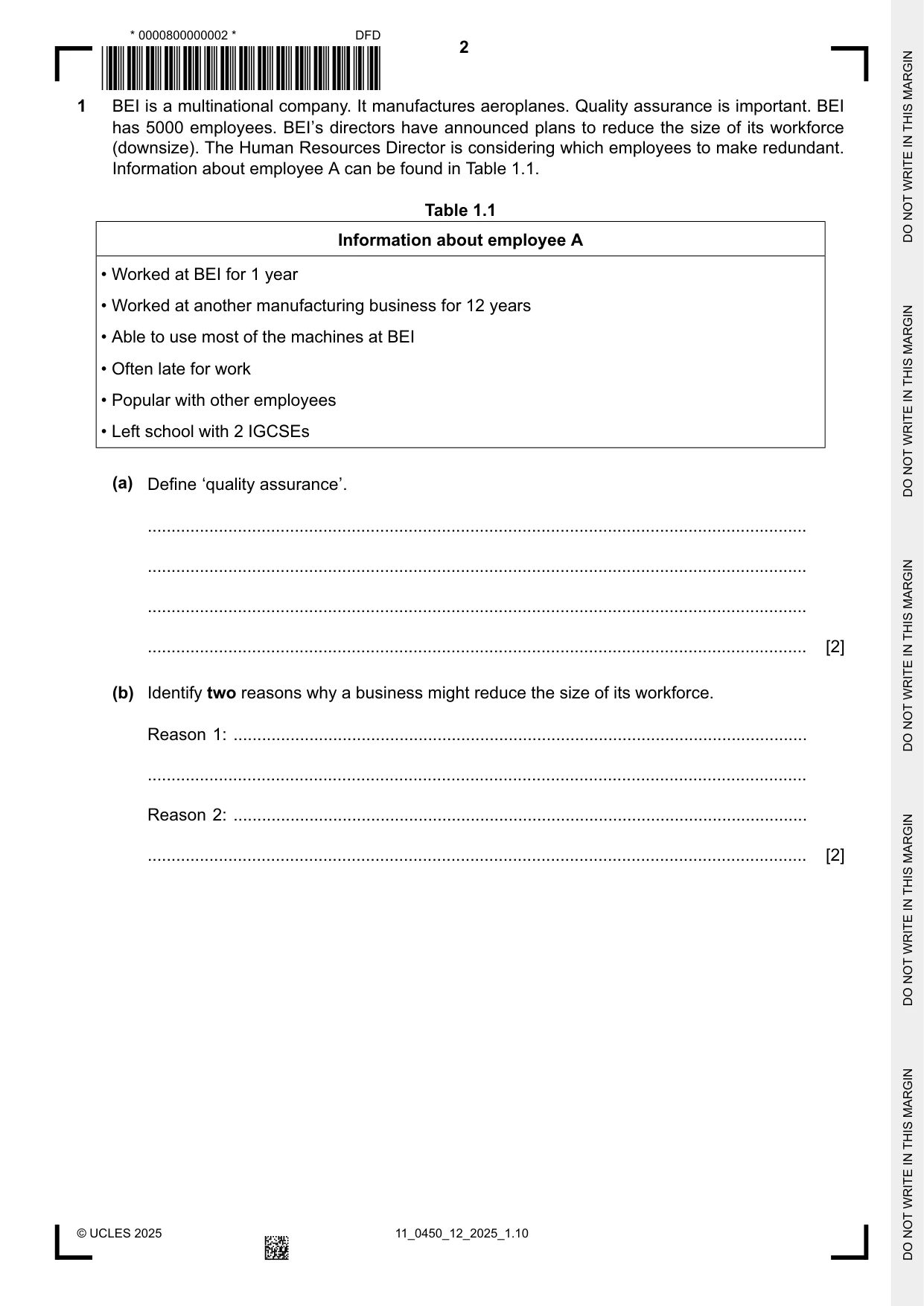 Cambridge IGCSE Business Studies 0450 2025 Oct/Nov Paper 1 · Variant 2 question paper, page 2 of 12
