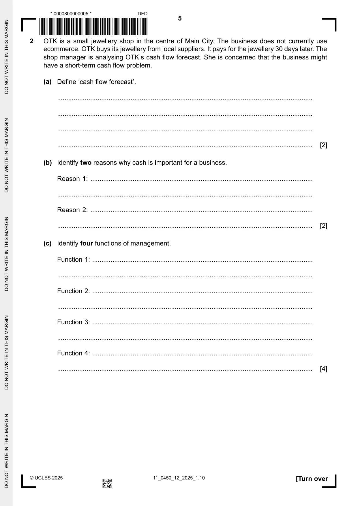 Cambridge IGCSE Business Studies 0450 2025 Oct/Nov Paper 1 · Variant 2 question paper, page 5 of 12