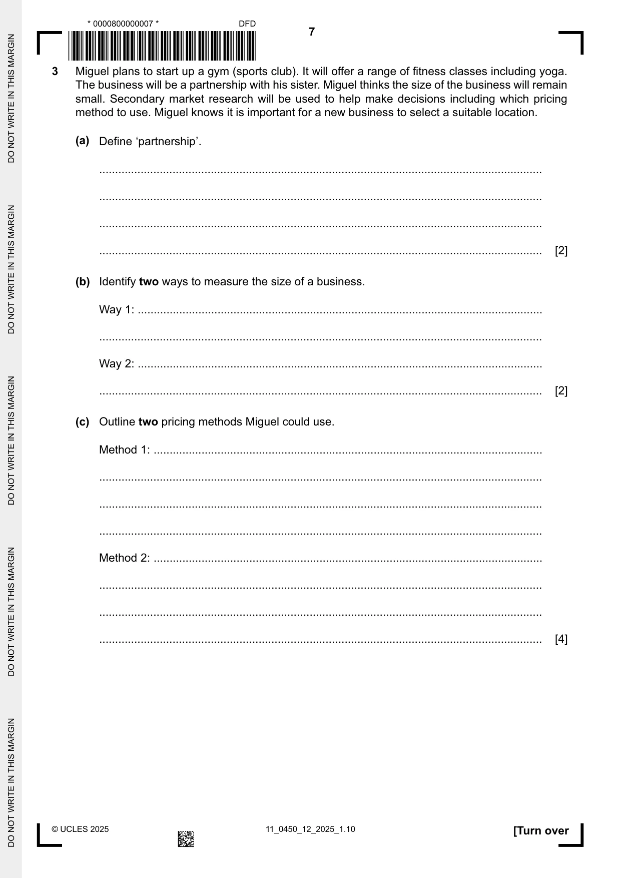 Cambridge IGCSE Business Studies 0450 2025 Oct/Nov Paper 1 · Variant 2 question paper, page 7 of 12