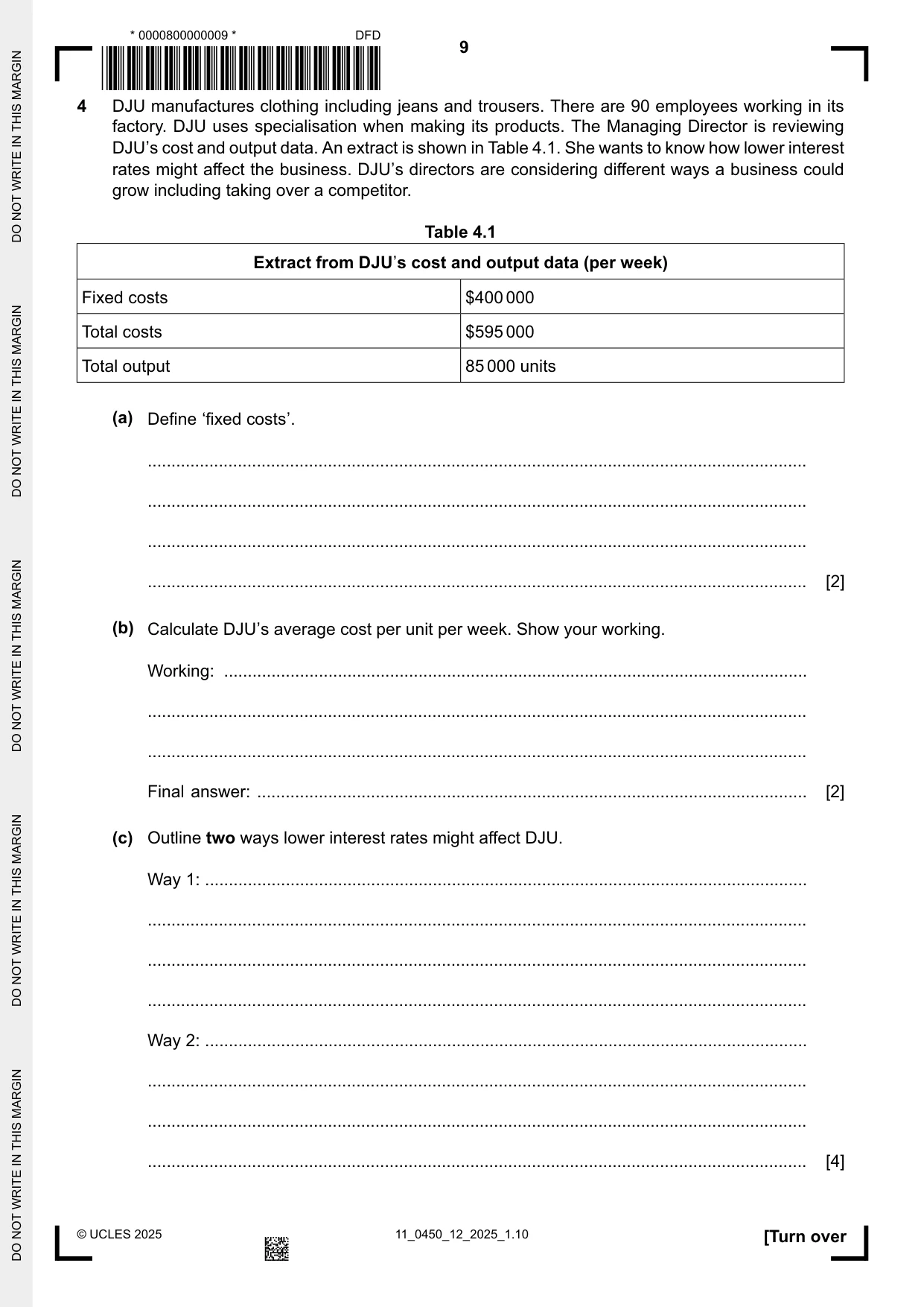 Cambridge IGCSE Business Studies 0450 2025 Oct/Nov Paper 1 · Variant 2 question paper, page 9 of 12