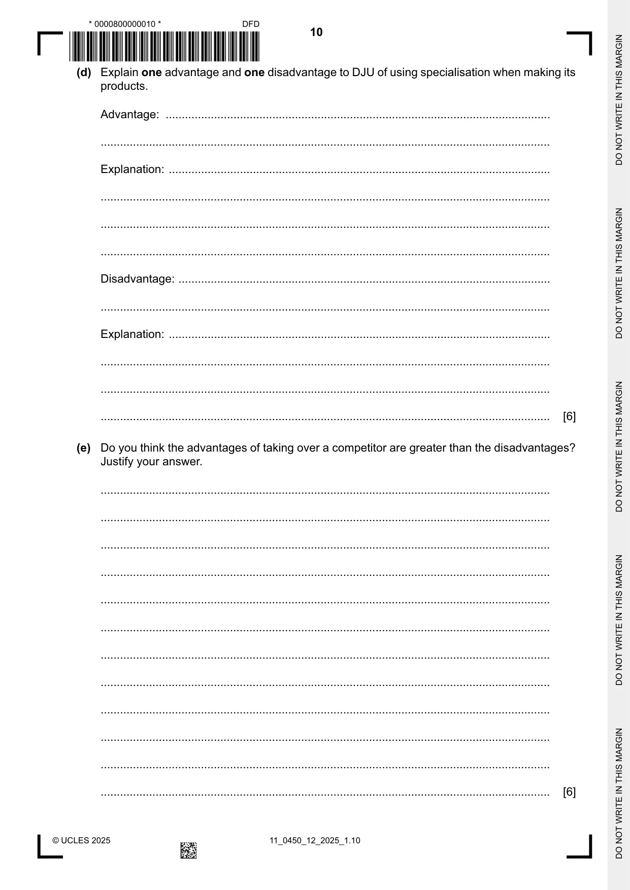 Cambridge IGCSE Business Studies 0450 2025 Oct/Nov Paper 1 · Variant 2 question paper, page 10 of 12