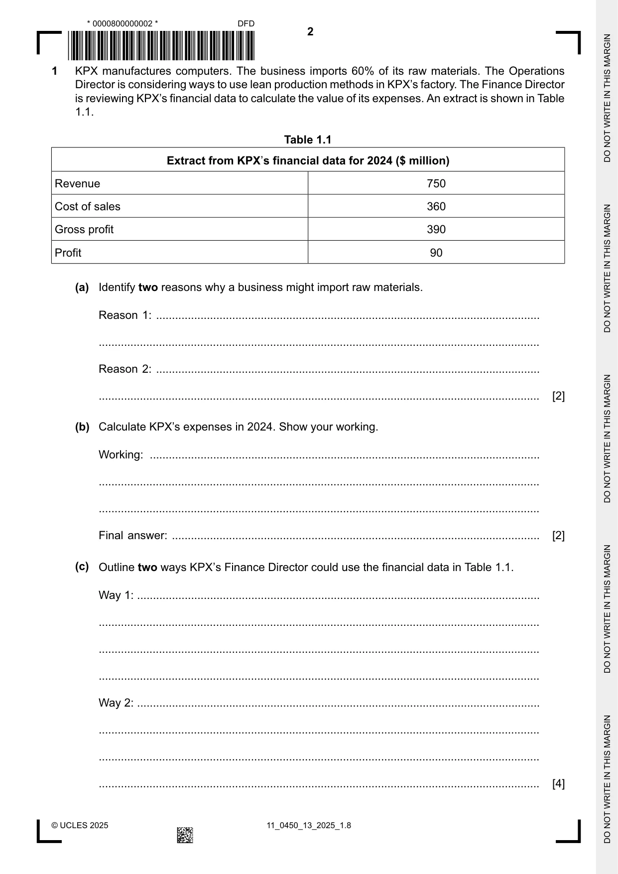 Cambridge IGCSE Business Studies 0450 2025 Oct/Nov Paper 1 · Variant 3 question paper, page 2 of 12