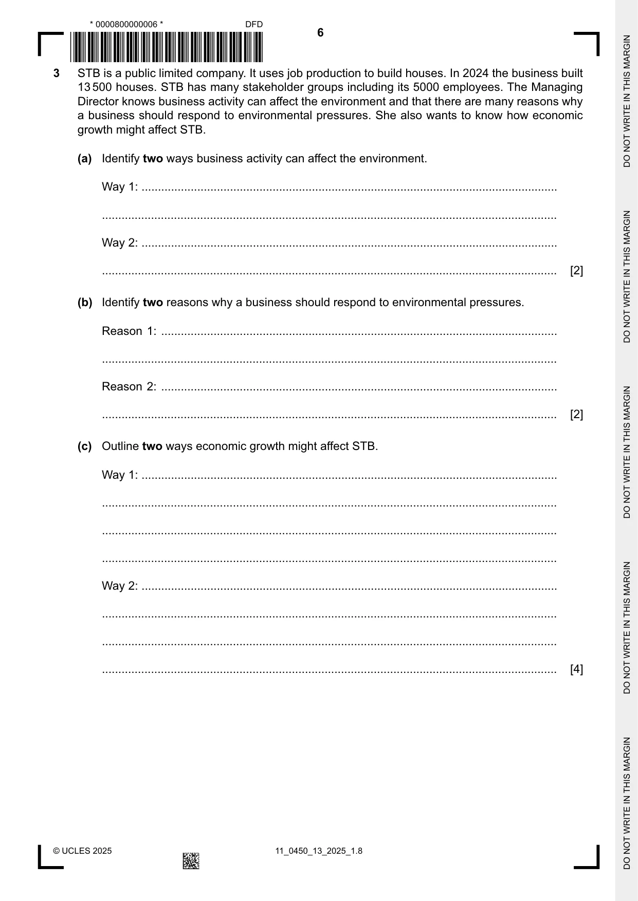 Cambridge IGCSE Business Studies 0450 2025 Oct/Nov Paper 1 · Variant 3 question paper, page 6 of 12