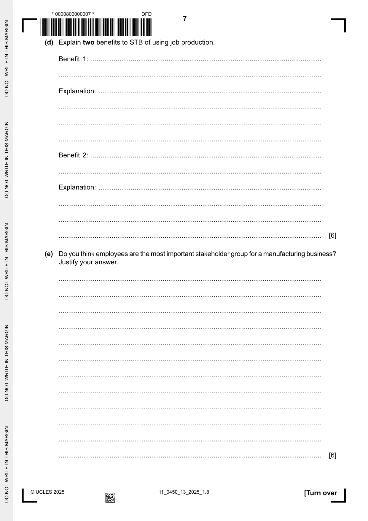 Cambridge IGCSE Business Studies 0450 2025 Oct/Nov Paper 1 · Variant 3 question paper, page 7 of 12