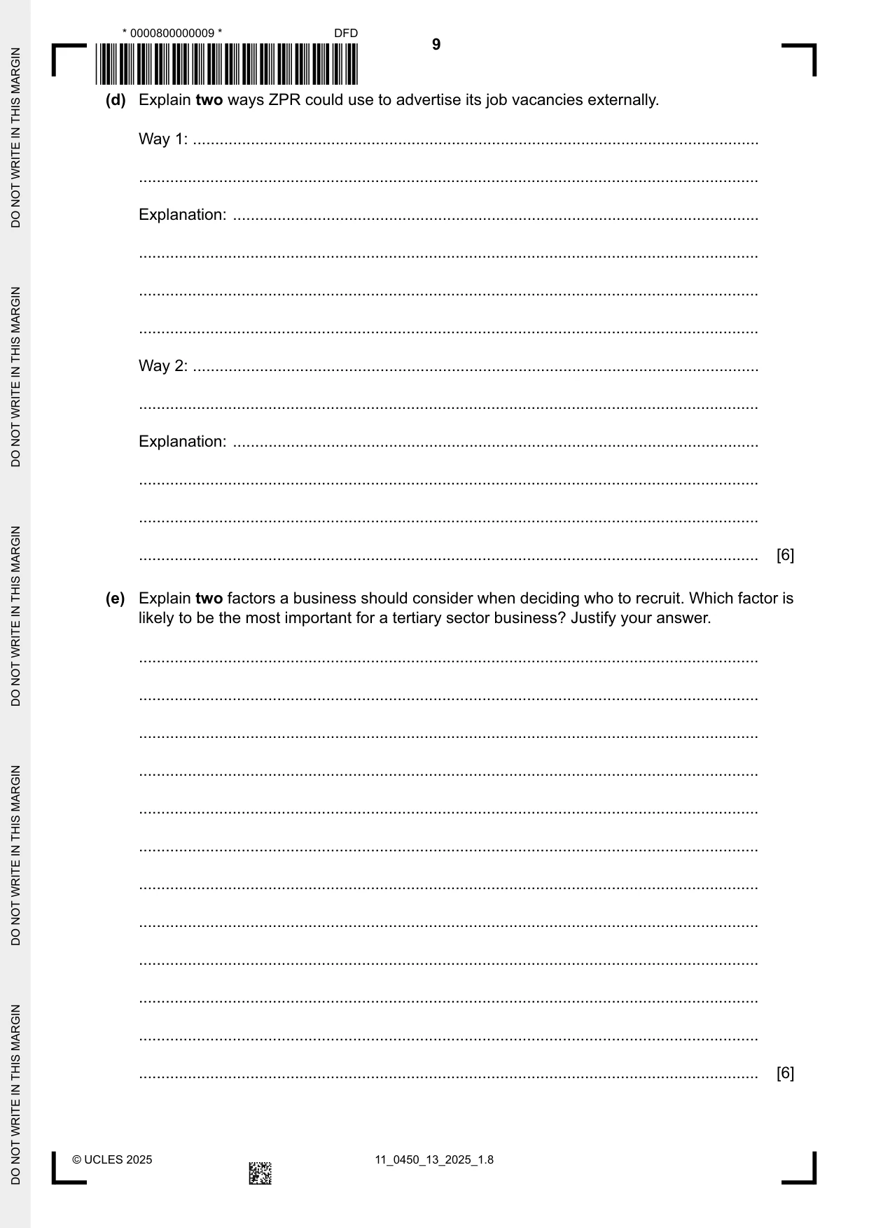 Cambridge IGCSE Business Studies 0450 2025 Oct/Nov Paper 1 · Variant 3 question paper, page 9 of 12