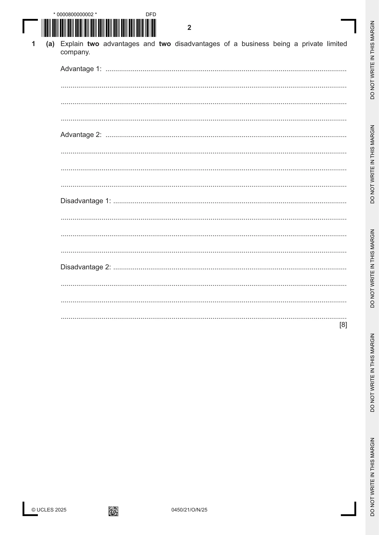 Cambridge IGCSE Business Studies 0450 2025 Oct/Nov Paper 2 · Variant 1 question paper, page 2 of 12