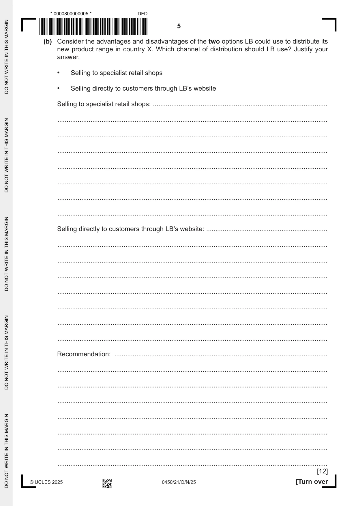 Cambridge IGCSE Business Studies 0450 2025 Oct/Nov Paper 2 · Variant 1 question paper, page 5 of 12