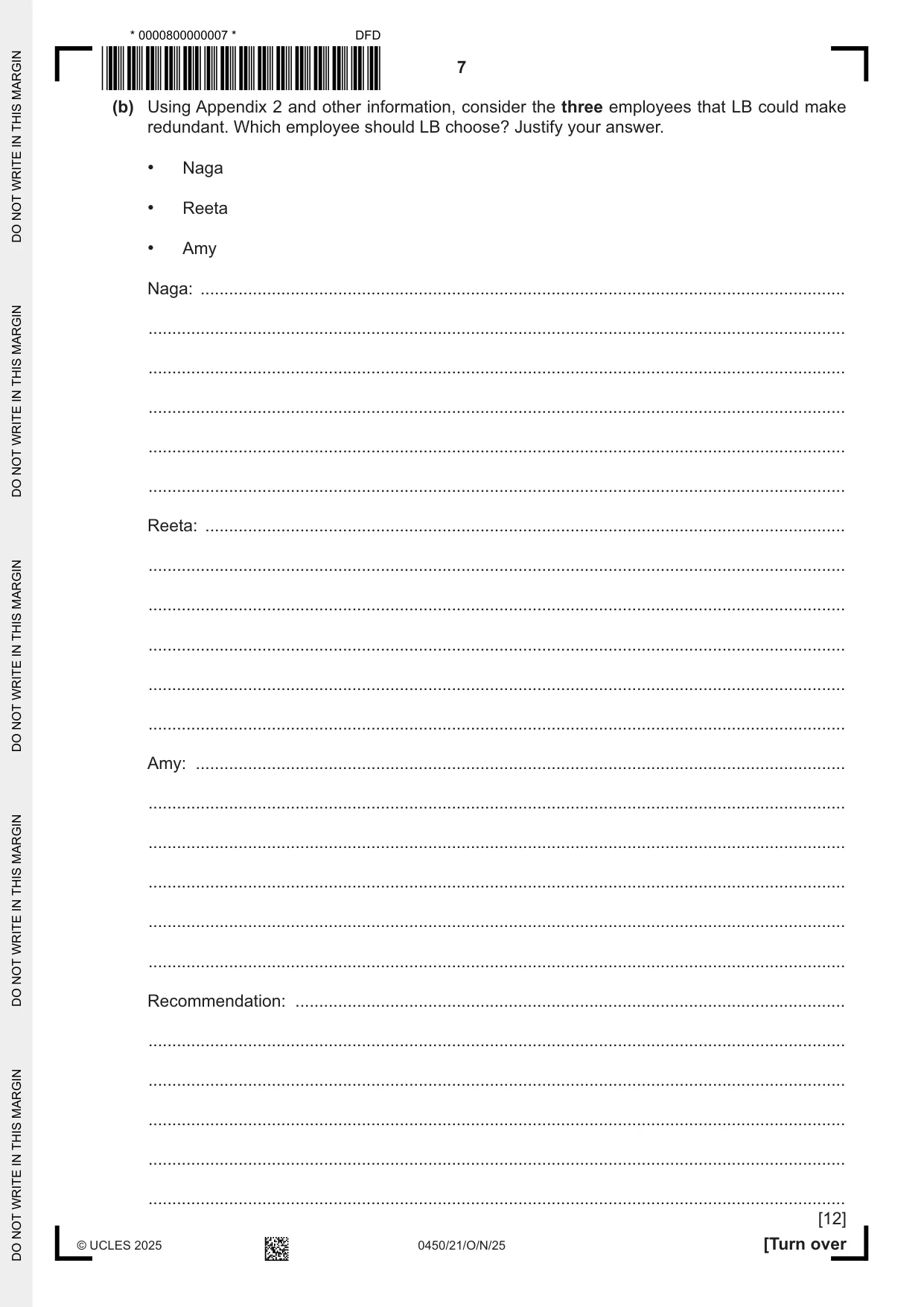 Cambridge IGCSE Business Studies 0450 2025 Oct/Nov Paper 2 · Variant 1 question paper, page 7 of 12