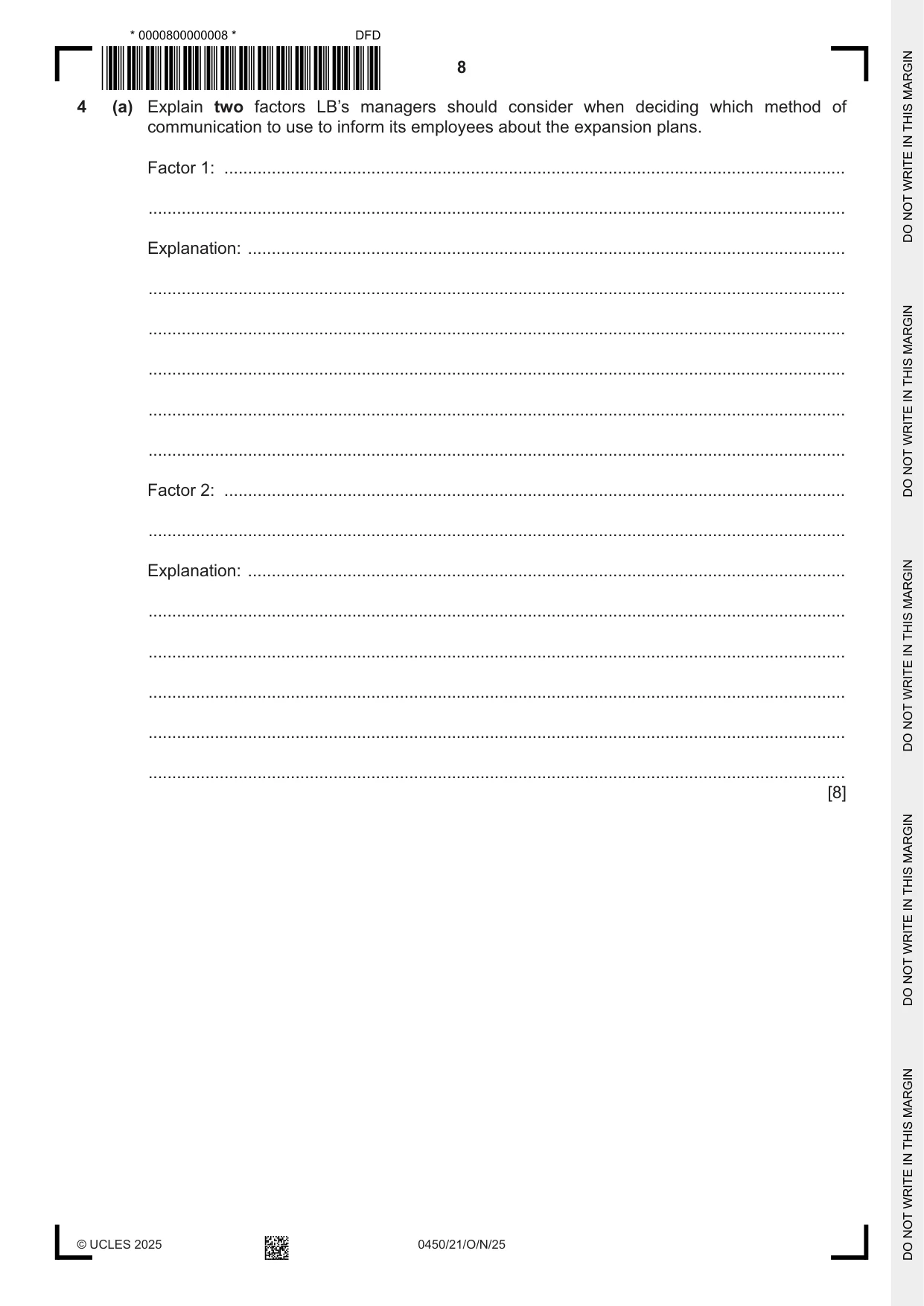 Cambridge IGCSE Business Studies 0450 2025 Oct/Nov Paper 2 · Variant 1 question paper, page 8 of 12