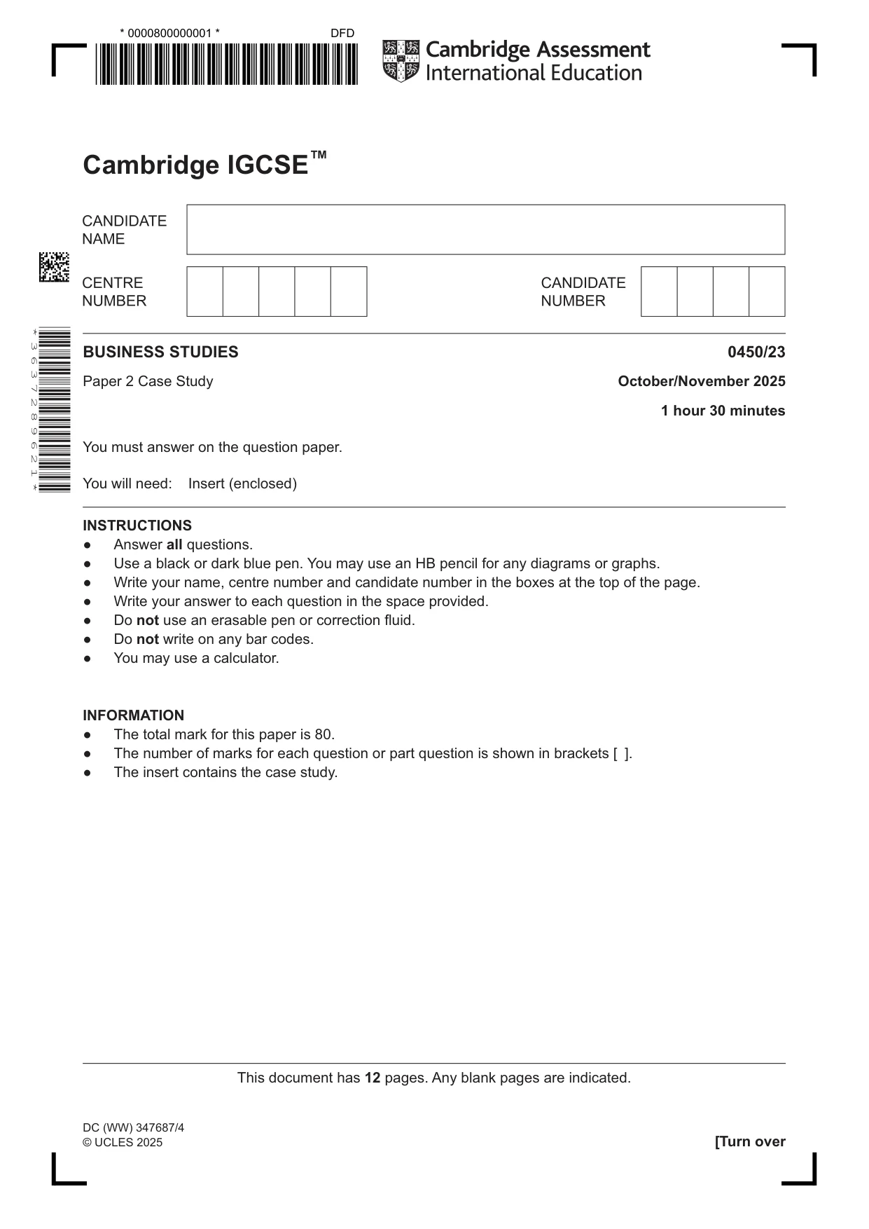 Cambridge IGCSE Business Studies 0450 2025 Oct/Nov Paper 2 · Variant 3 question paper, page 1 of 12