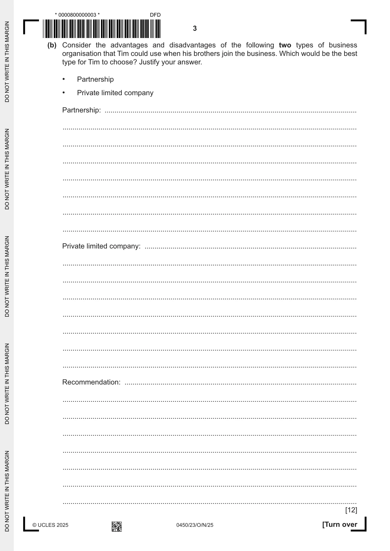 Cambridge IGCSE Business Studies 0450 2025 Oct/Nov Paper 2 · Variant 3 question paper, page 3 of 12