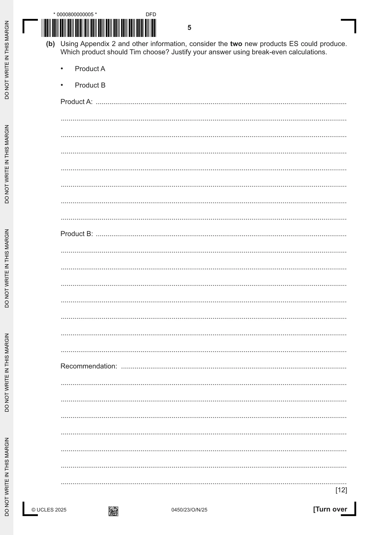 Cambridge IGCSE Business Studies 0450 2025 Oct/Nov Paper 2 · Variant 3 question paper, page 5 of 12