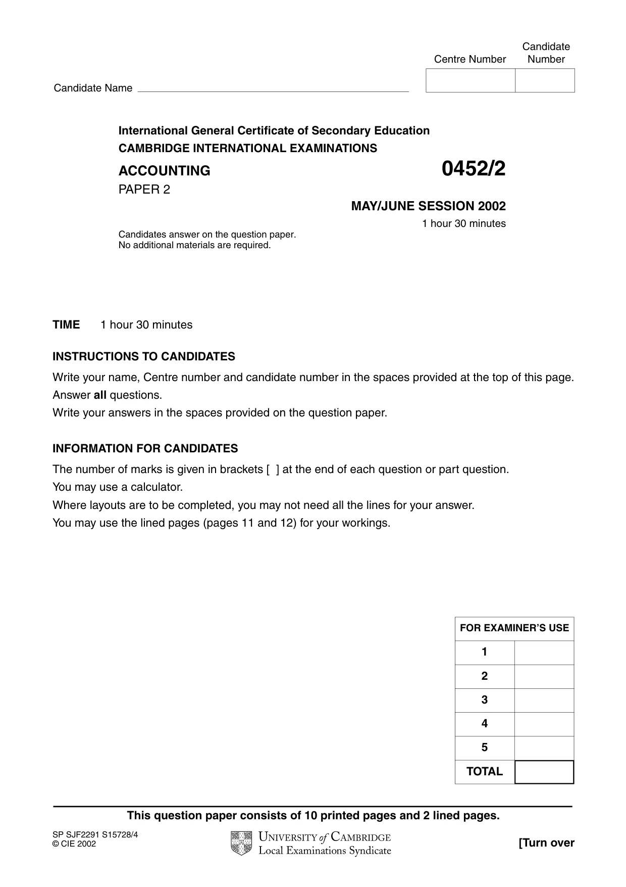 Cambridge IGCSE Accounting 0452 2002 May/June Paper 2 · Variant 1 question paper, page 1 of 12