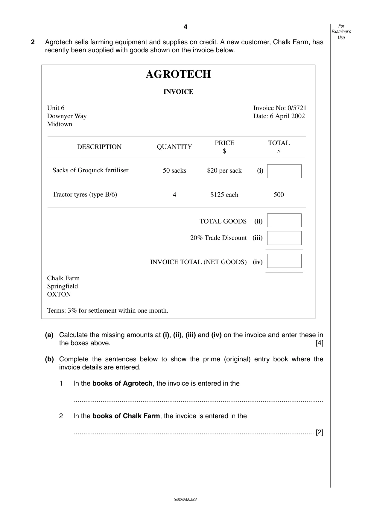 Cambridge IGCSE Accounting 0452 2002 May/June Paper 2 · Variant 1 question paper, page 4 of 12