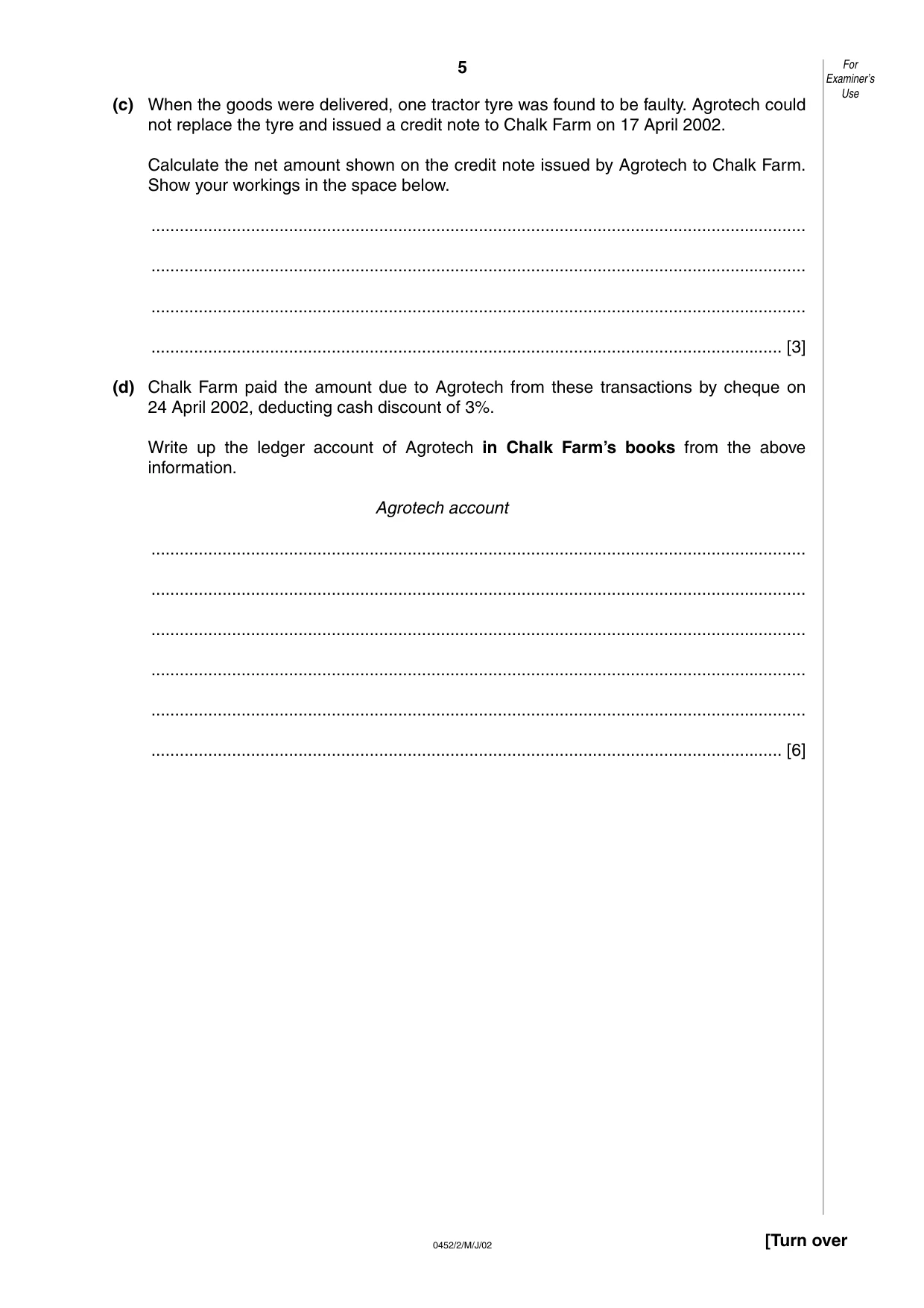 Cambridge IGCSE Accounting 0452 2002 May/June Paper 2 · Variant 1 question paper, page 5 of 12