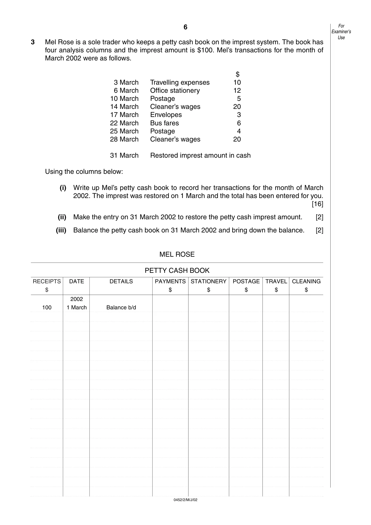 Cambridge IGCSE Accounting 0452 2002 May/June Paper 2 · Variant 1 question paper, page 6 of 12