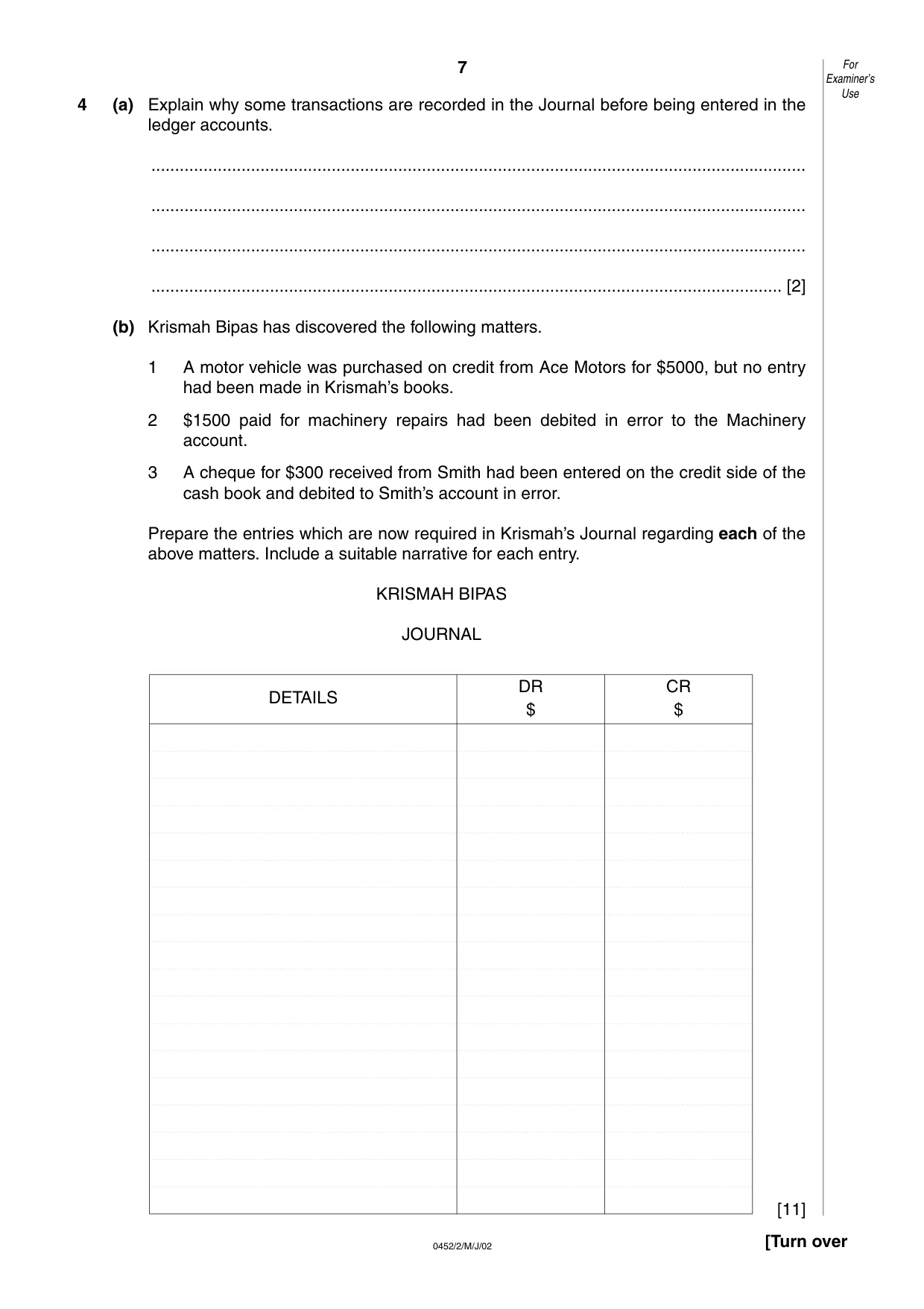 Cambridge IGCSE Accounting 0452 2002 May/June Paper 2 · Variant 1 question paper, page 7 of 12