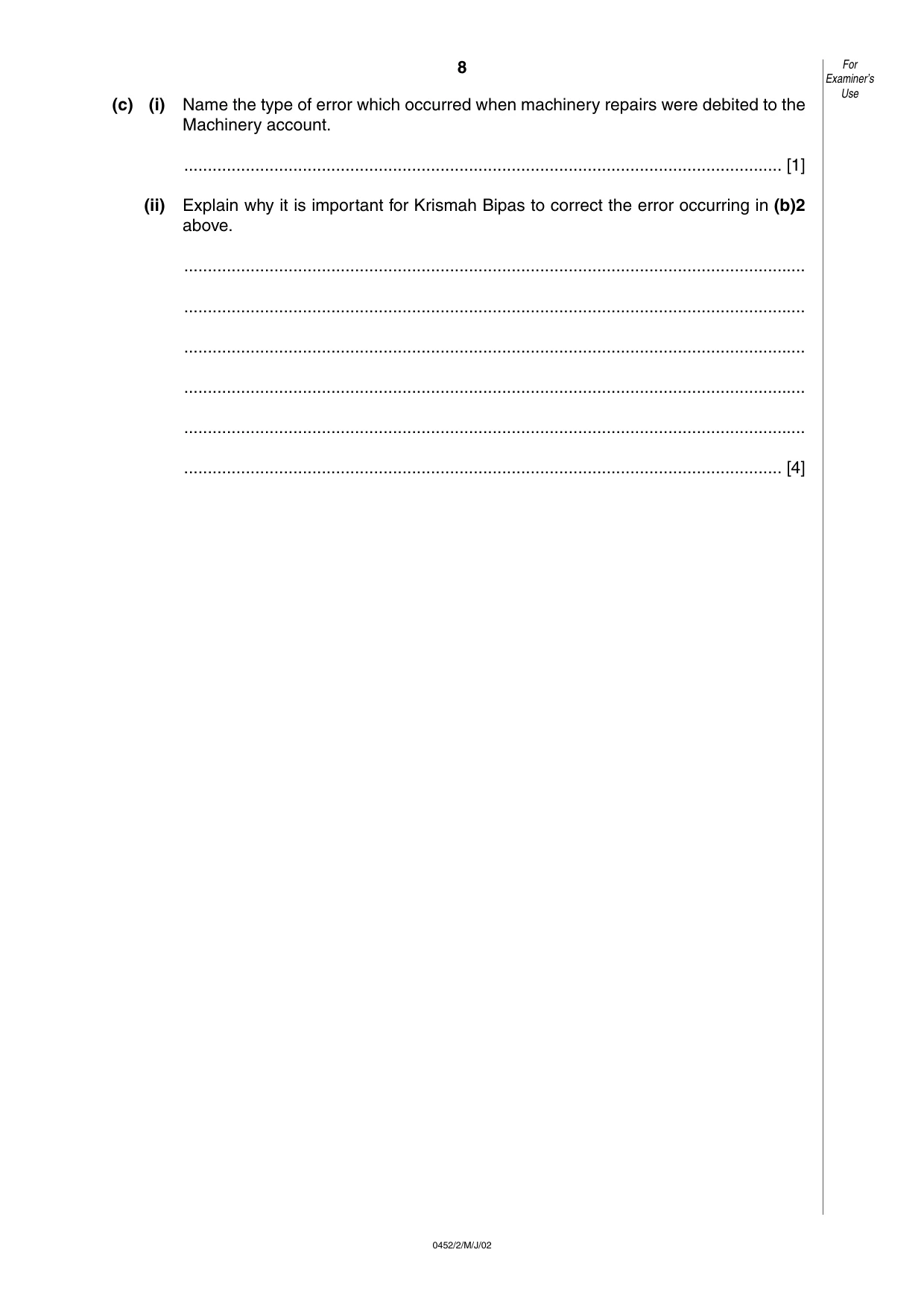 Cambridge IGCSE Accounting 0452 2002 May/June Paper 2 · Variant 1 question paper, page 8 of 12