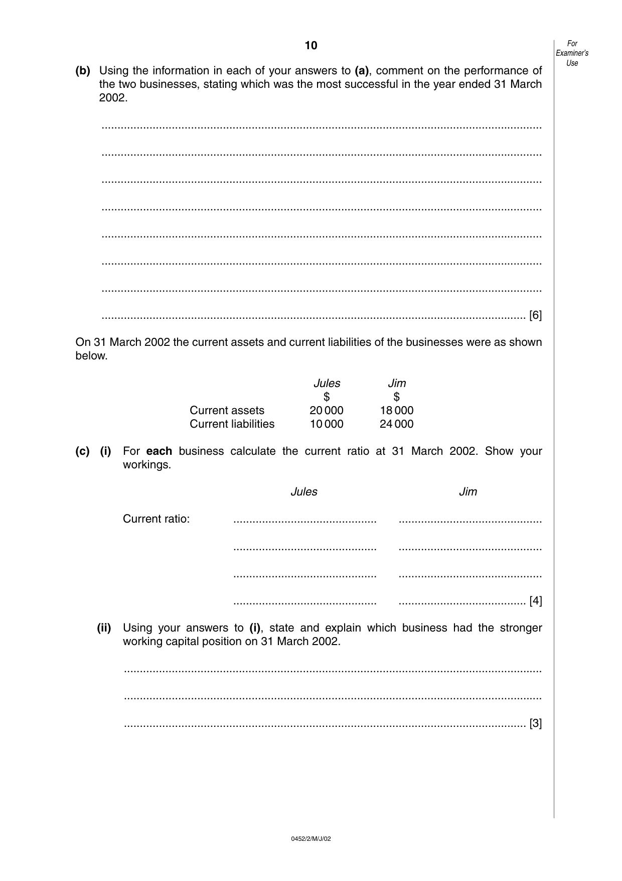 Cambridge IGCSE Accounting 0452 2002 May/June Paper 2 · Variant 1 question paper, page 10 of 12