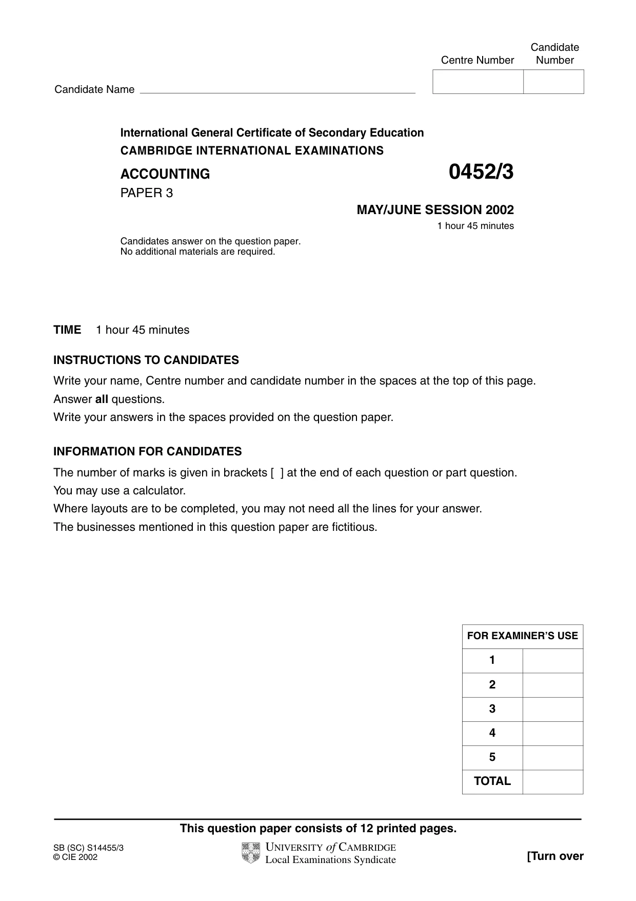 Cambridge IGCSE Accounting 0452 2002 May/June Paper 3 · Variant 1 question paper, page 1 of 12