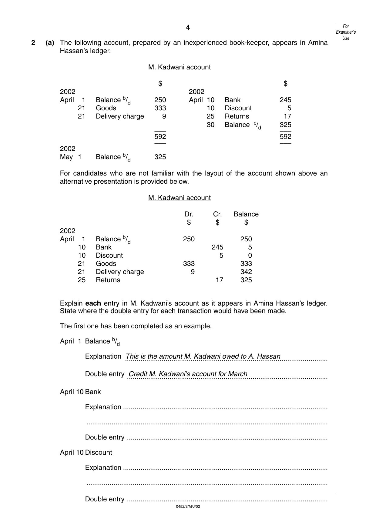 Cambridge IGCSE Accounting 0452 2002 May/June Paper 3 · Variant 1 question paper, page 4 of 12