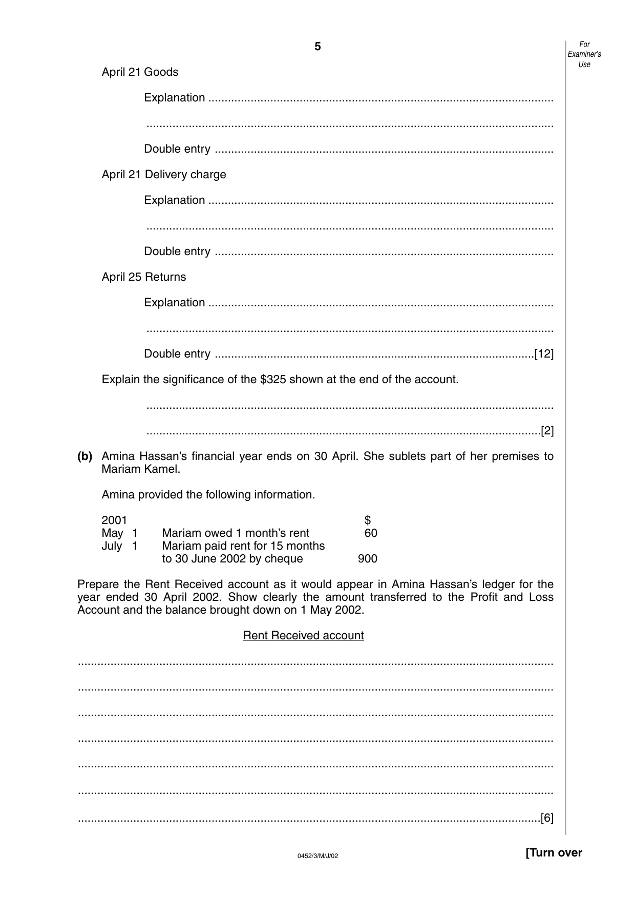 Cambridge IGCSE Accounting 0452 2002 May/June Paper 3 · Variant 1 question paper, page 5 of 12