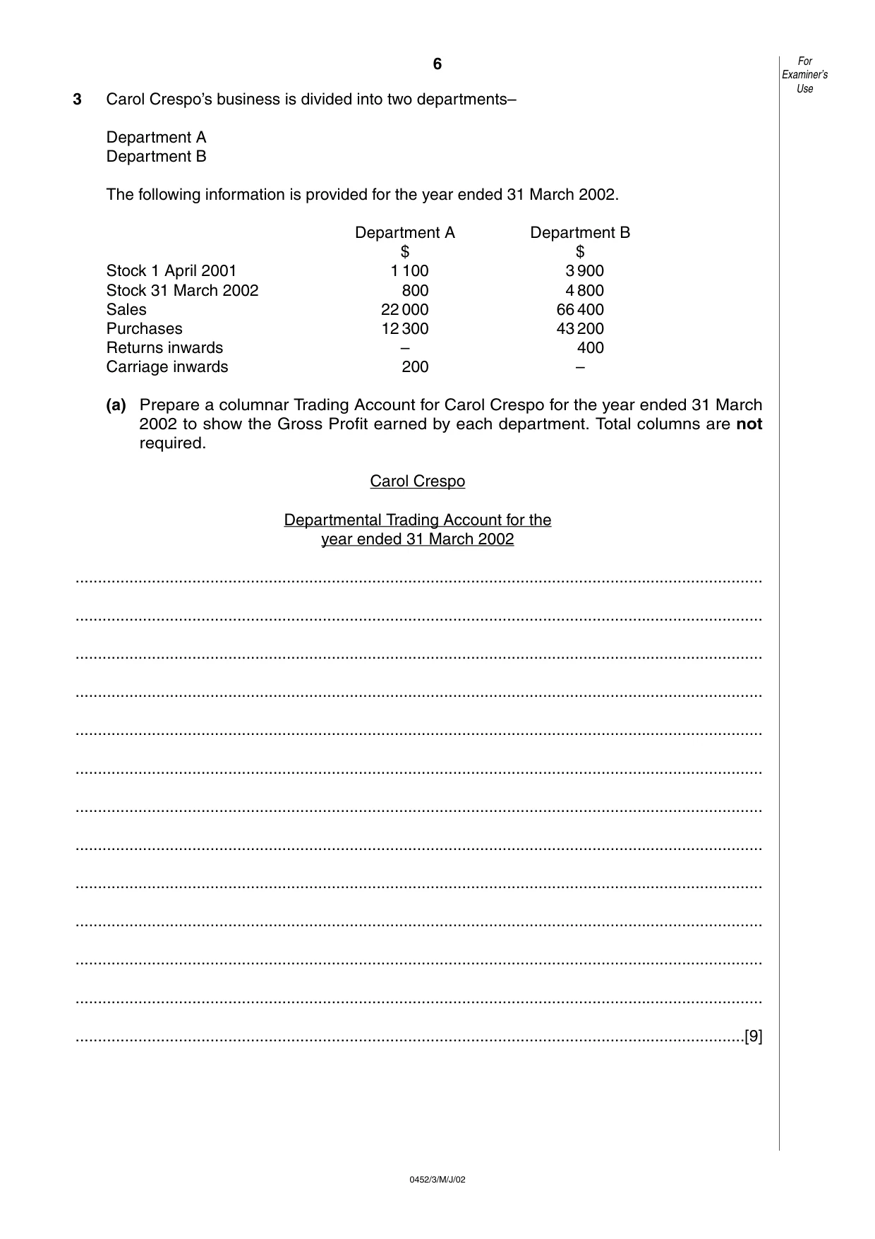 Cambridge IGCSE Accounting 0452 2002 May/June Paper 3 · Variant 1 question paper, page 6 of 12