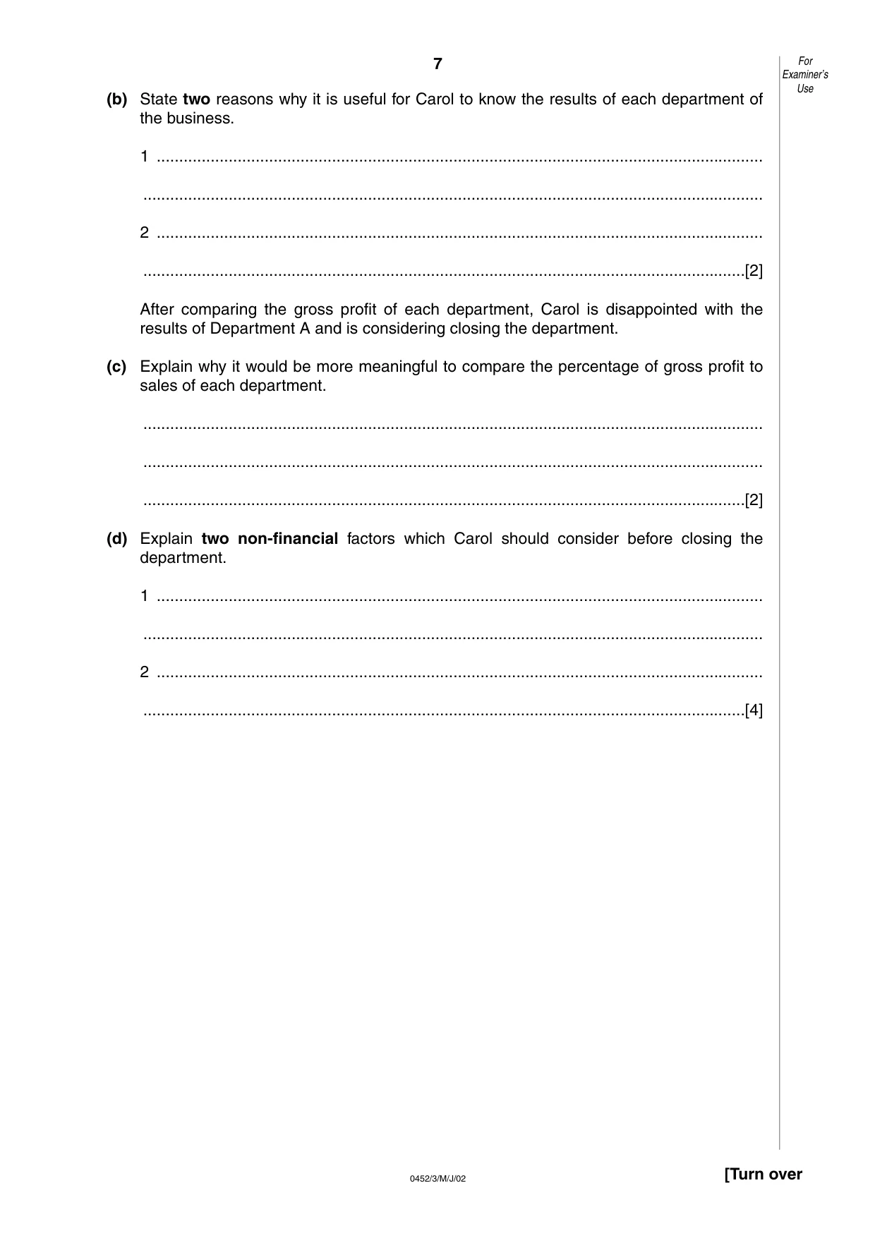 Cambridge IGCSE Accounting 0452 2002 May/June Paper 3 · Variant 1 question paper, page 7 of 12