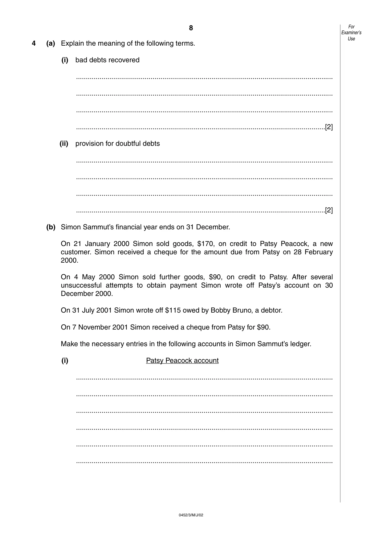 Cambridge IGCSE Accounting 0452 2002 May/June Paper 3 · Variant 1 question paper, page 8 of 12