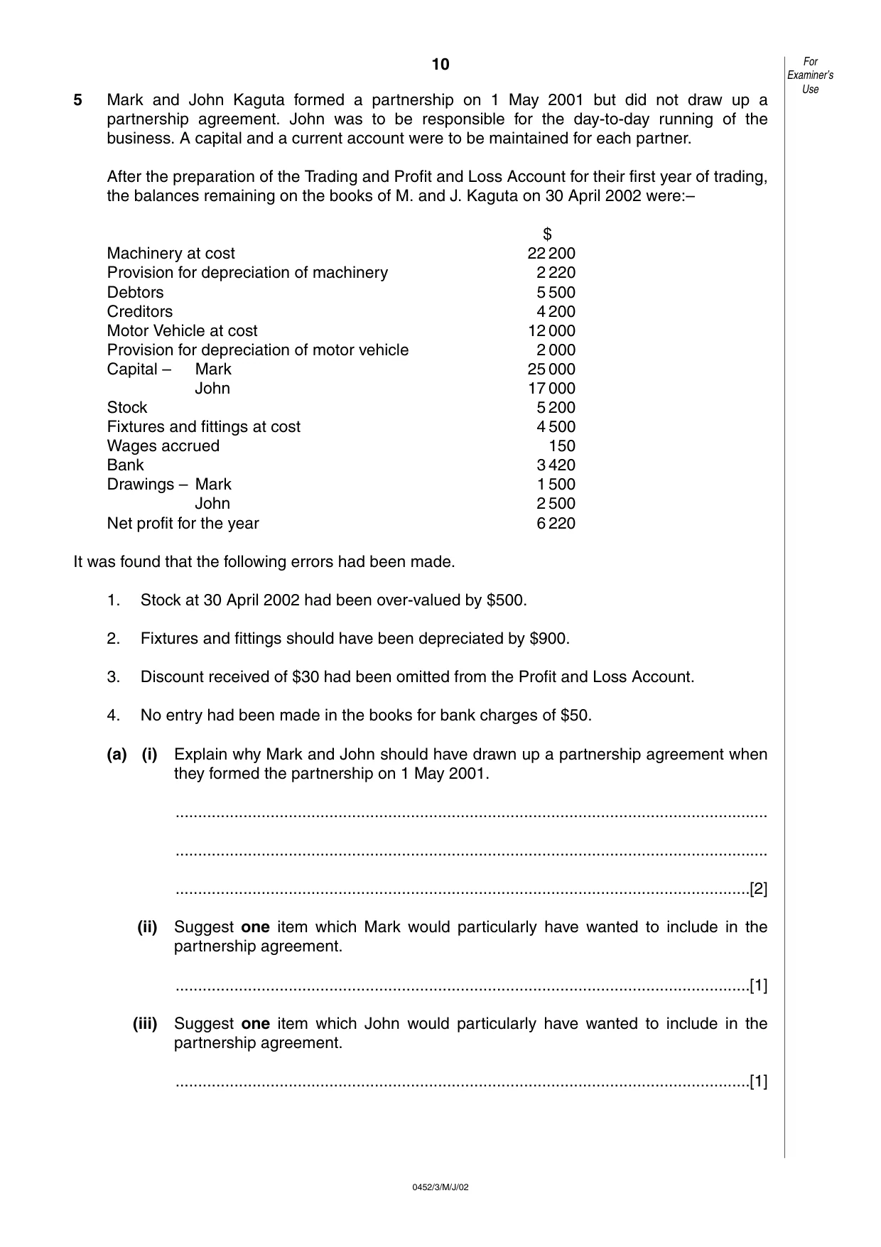 Cambridge IGCSE Accounting 0452 2002 May/June Paper 3 · Variant 1 question paper, page 10 of 12