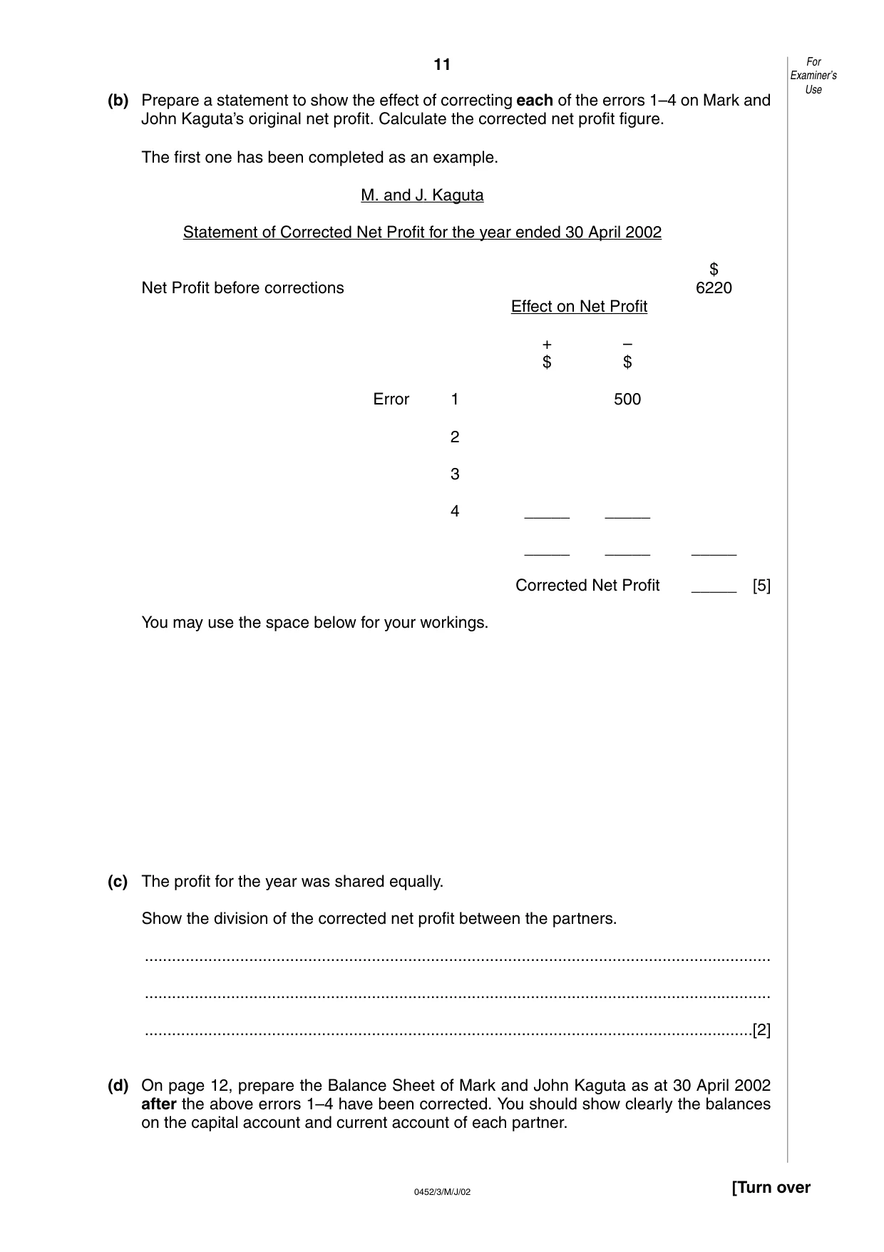 Cambridge IGCSE Accounting 0452 2002 May/June Paper 3 · Variant 1 question paper, page 11 of 12