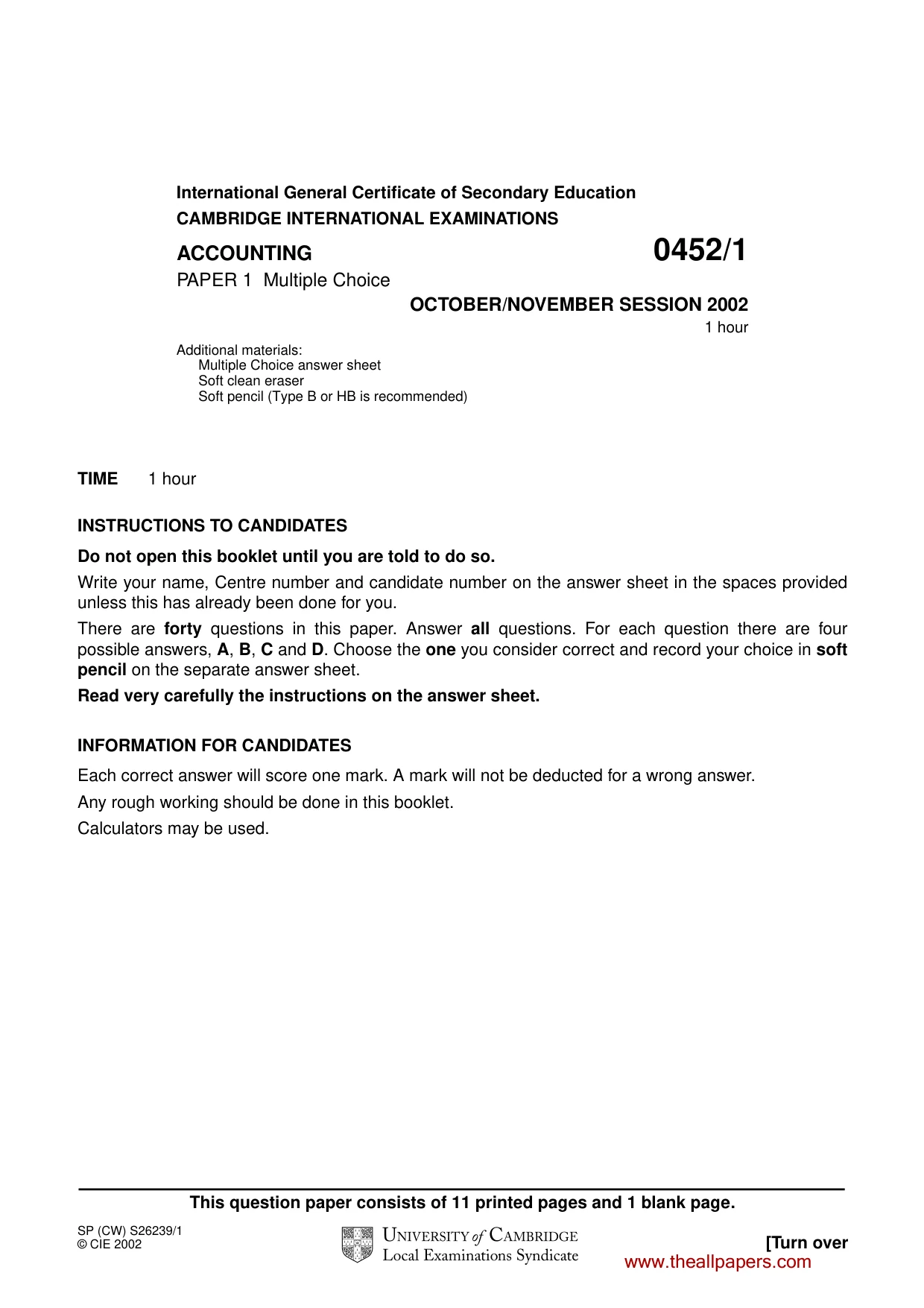 Cambridge IGCSE Accounting 0452 2002 Oct/Nov Paper 1 · Variant 1 question paper, page 1 of 12