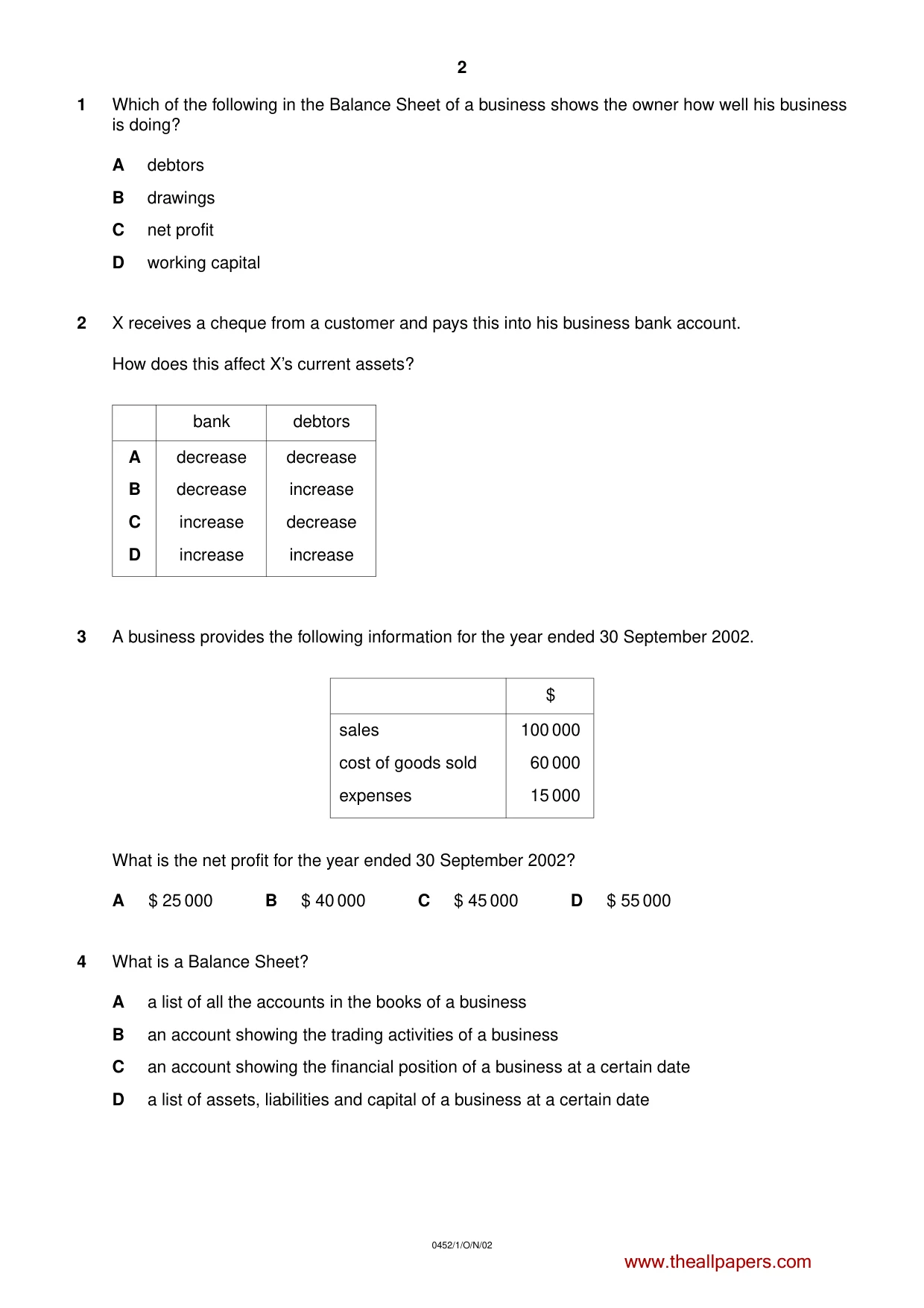 Cambridge IGCSE Accounting 0452 2002 Oct/Nov Paper 1 · Variant 1 question paper, page 2 of 12