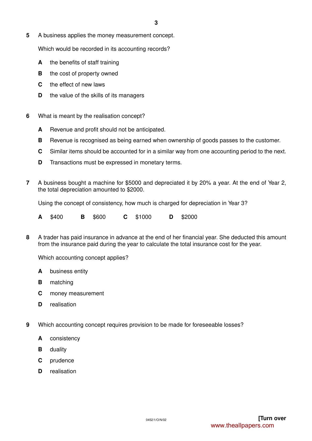 Cambridge IGCSE Accounting 0452 2002 Oct/Nov Paper 1 · Variant 1 question paper, page 3 of 12