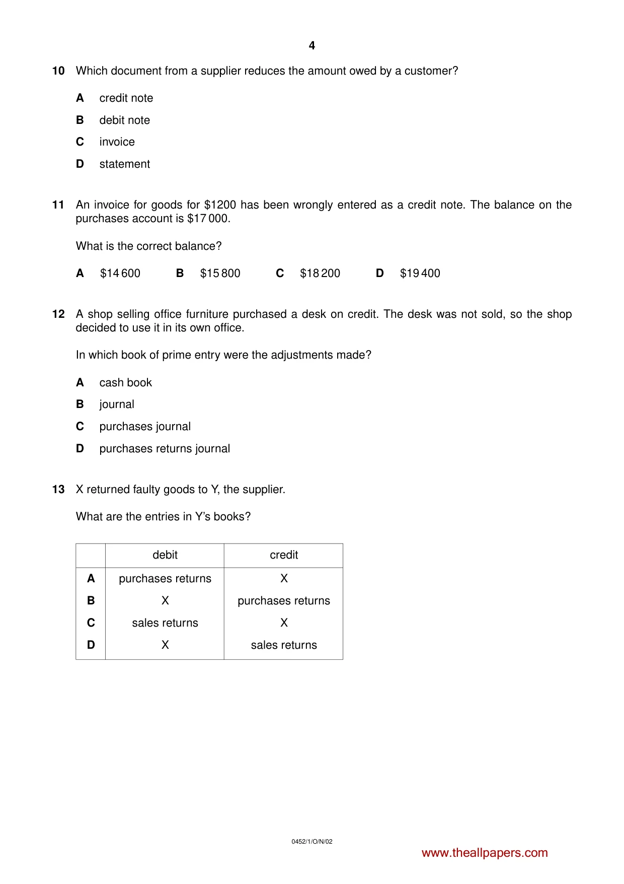 Cambridge IGCSE Accounting 0452 2002 Oct/Nov Paper 1 · Variant 1 question paper, page 4 of 12