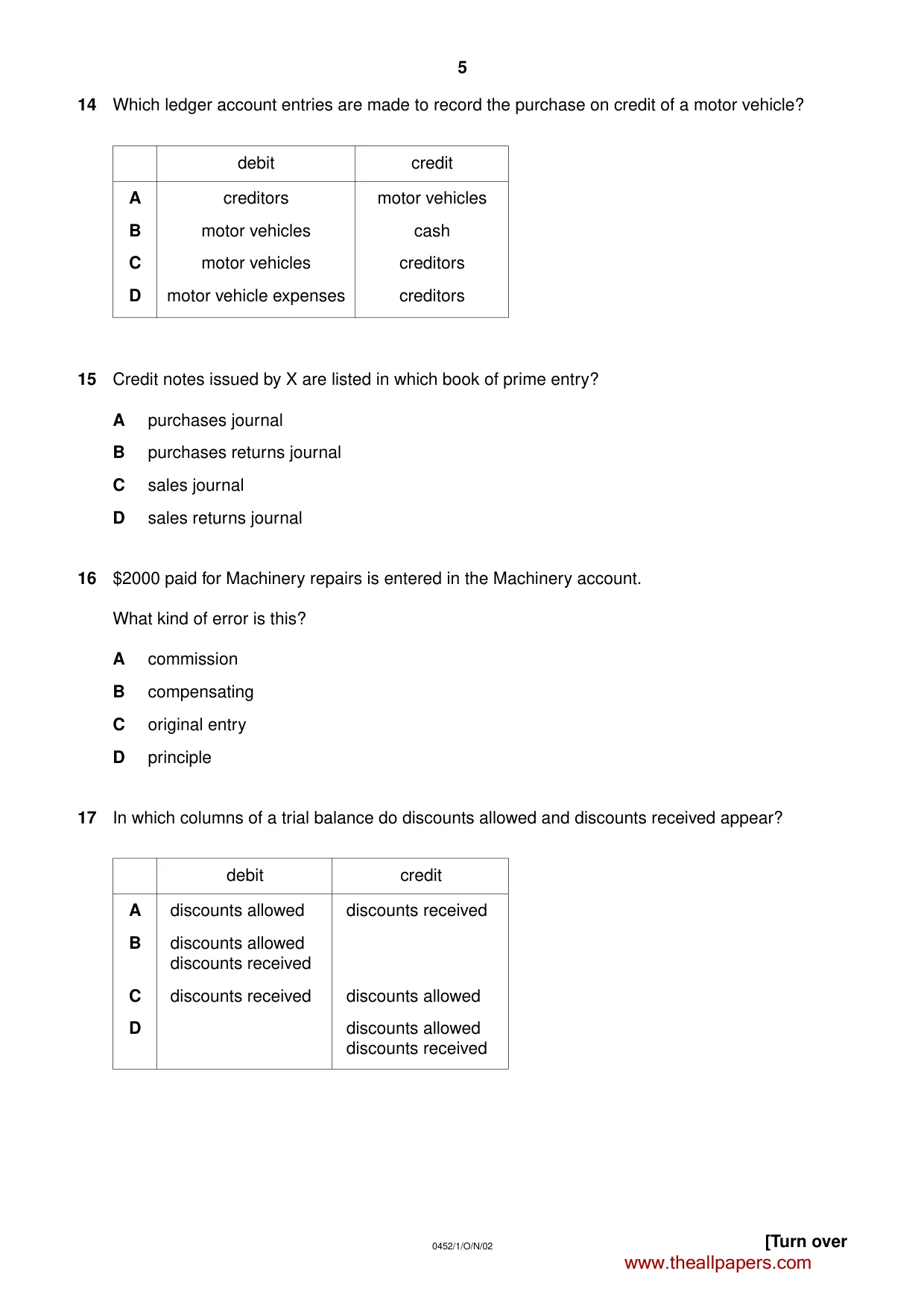 Cambridge IGCSE Accounting 0452 2002 Oct/Nov Paper 1 · Variant 1 question paper, page 5 of 12