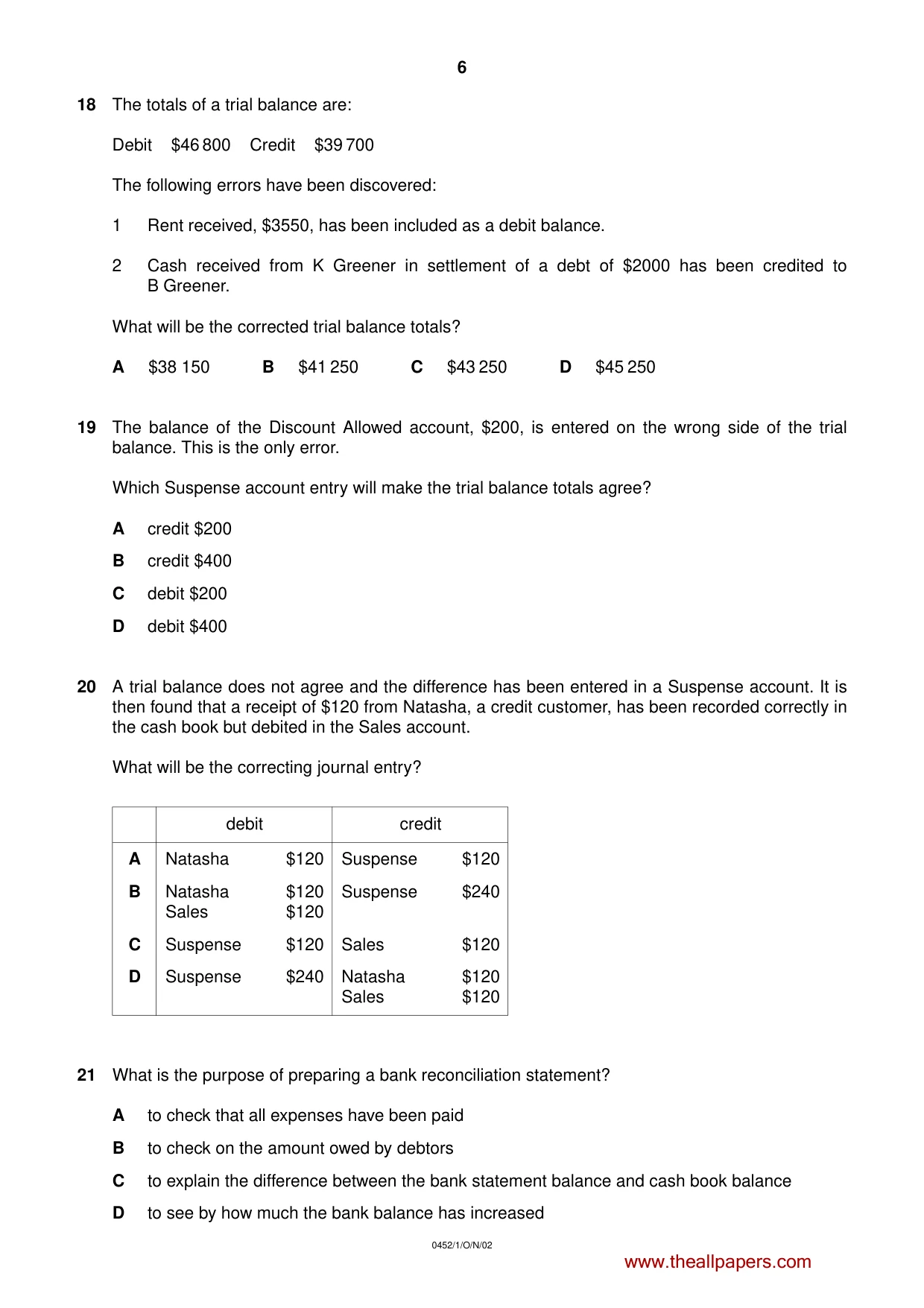 Cambridge IGCSE Accounting 0452 2002 Oct/Nov Paper 1 · Variant 1 question paper, page 6 of 12