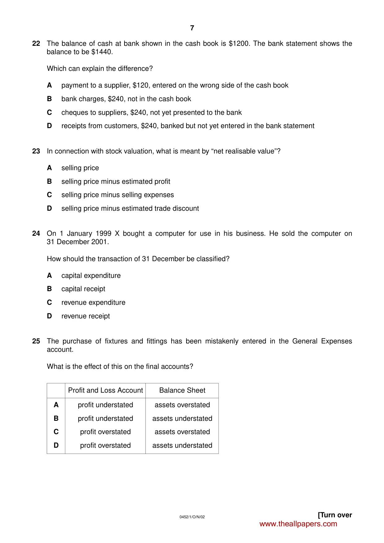 Cambridge IGCSE Accounting 0452 2002 Oct/Nov Paper 1 · Variant 1 question paper, page 7 of 12