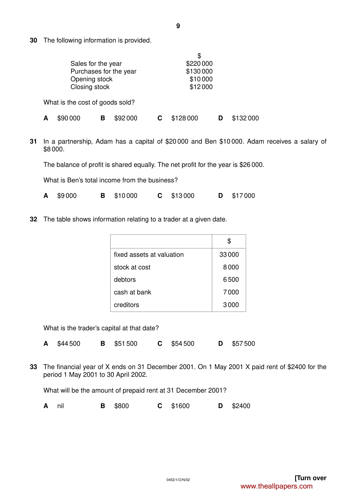 Cambridge IGCSE Accounting 0452 2002 Oct/Nov Paper 1 · Variant 1 question paper, page 9 of 12