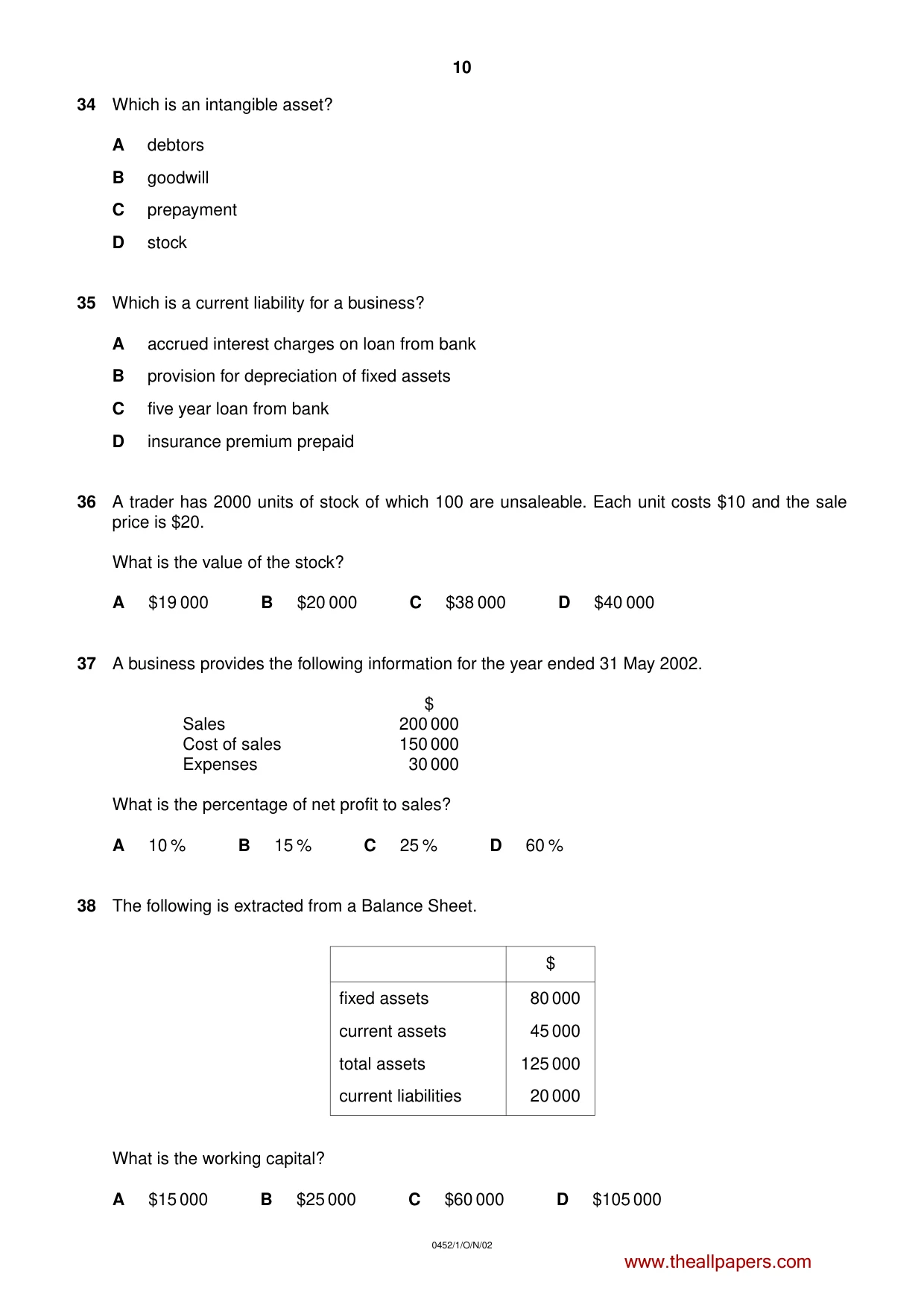 Cambridge IGCSE Accounting 0452 2002 Oct/Nov Paper 1 · Variant 1 question paper, page 10 of 12