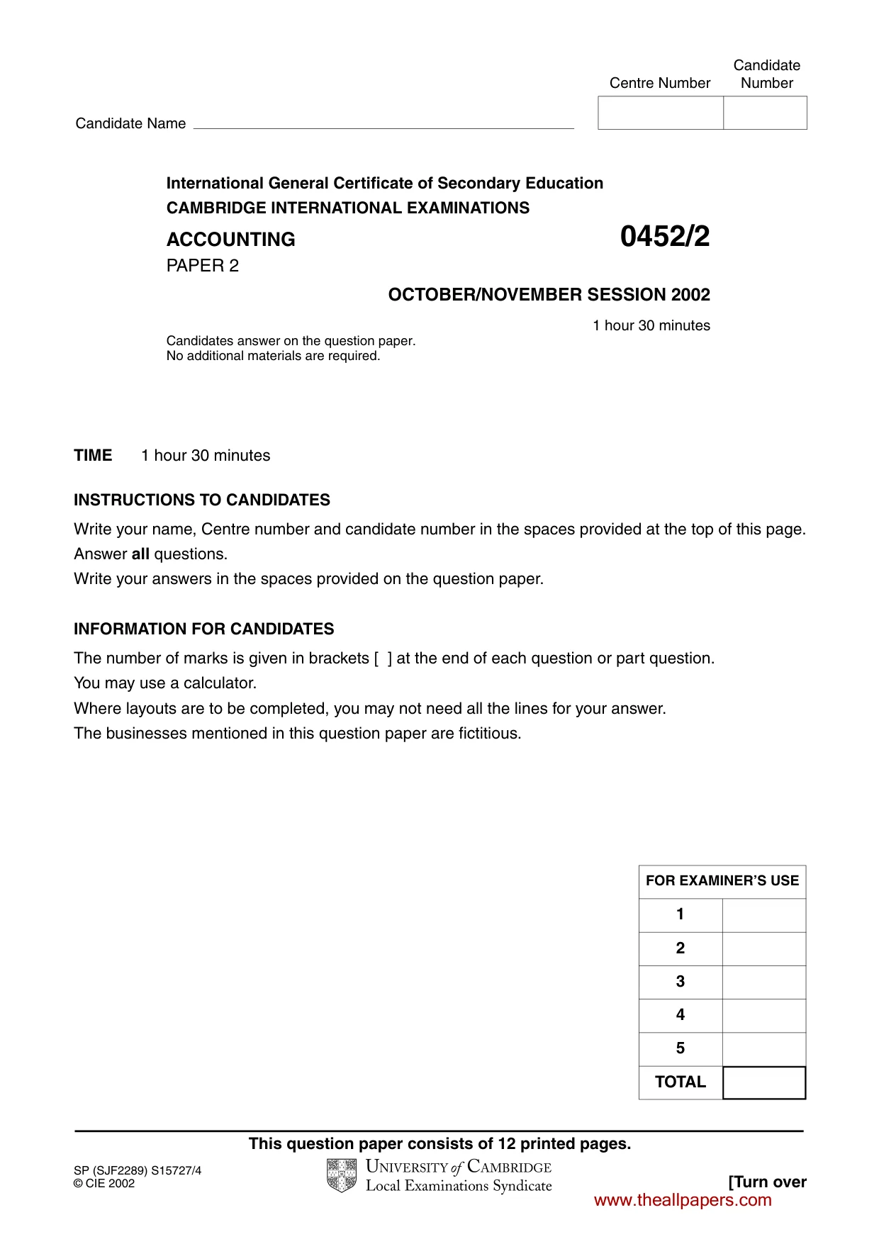 Cambridge IGCSE Accounting 0452 2002 Oct/Nov Paper 2 · Variant 1 question paper, page 1 of 12